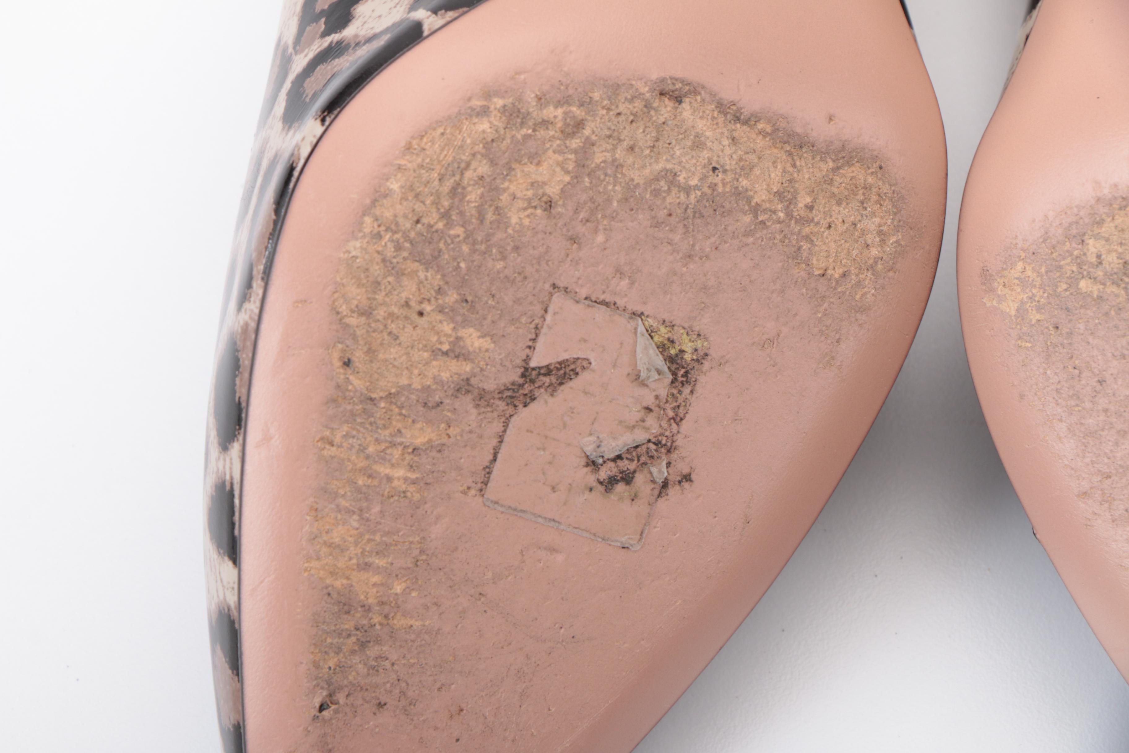 Prada Pointed-Toe Leopard Print Patent Leather Pumps with Gold-Tone Heels in Box