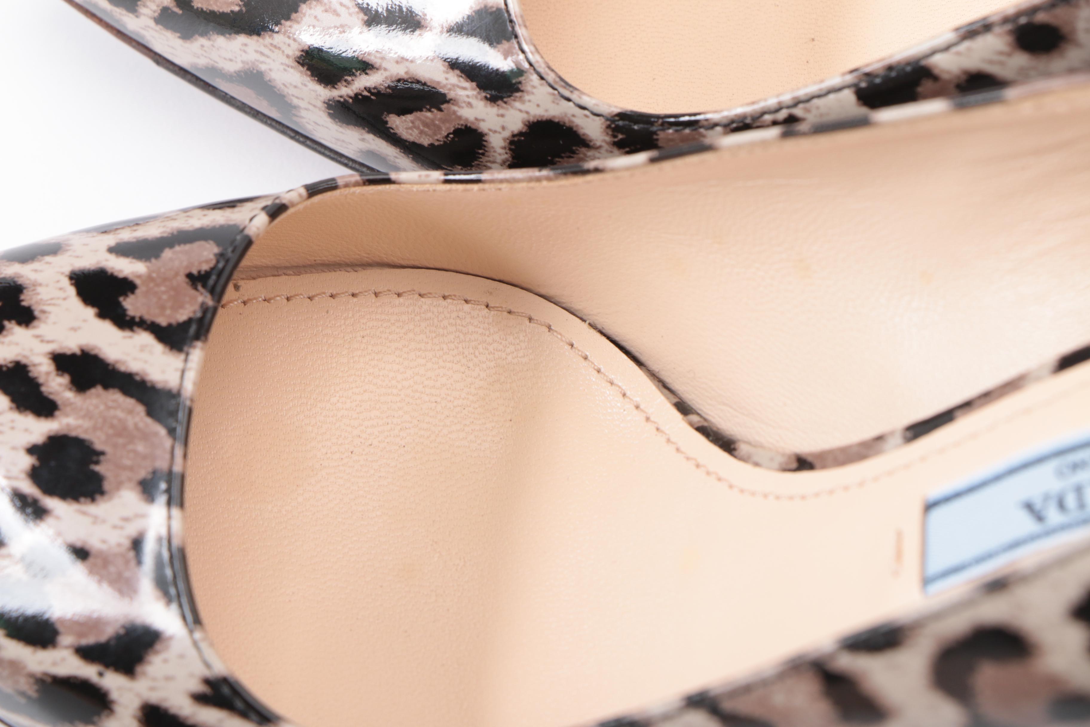 Prada Pointed-Toe Leopard Print Patent Leather Pumps with Gold-Tone Heels in Box