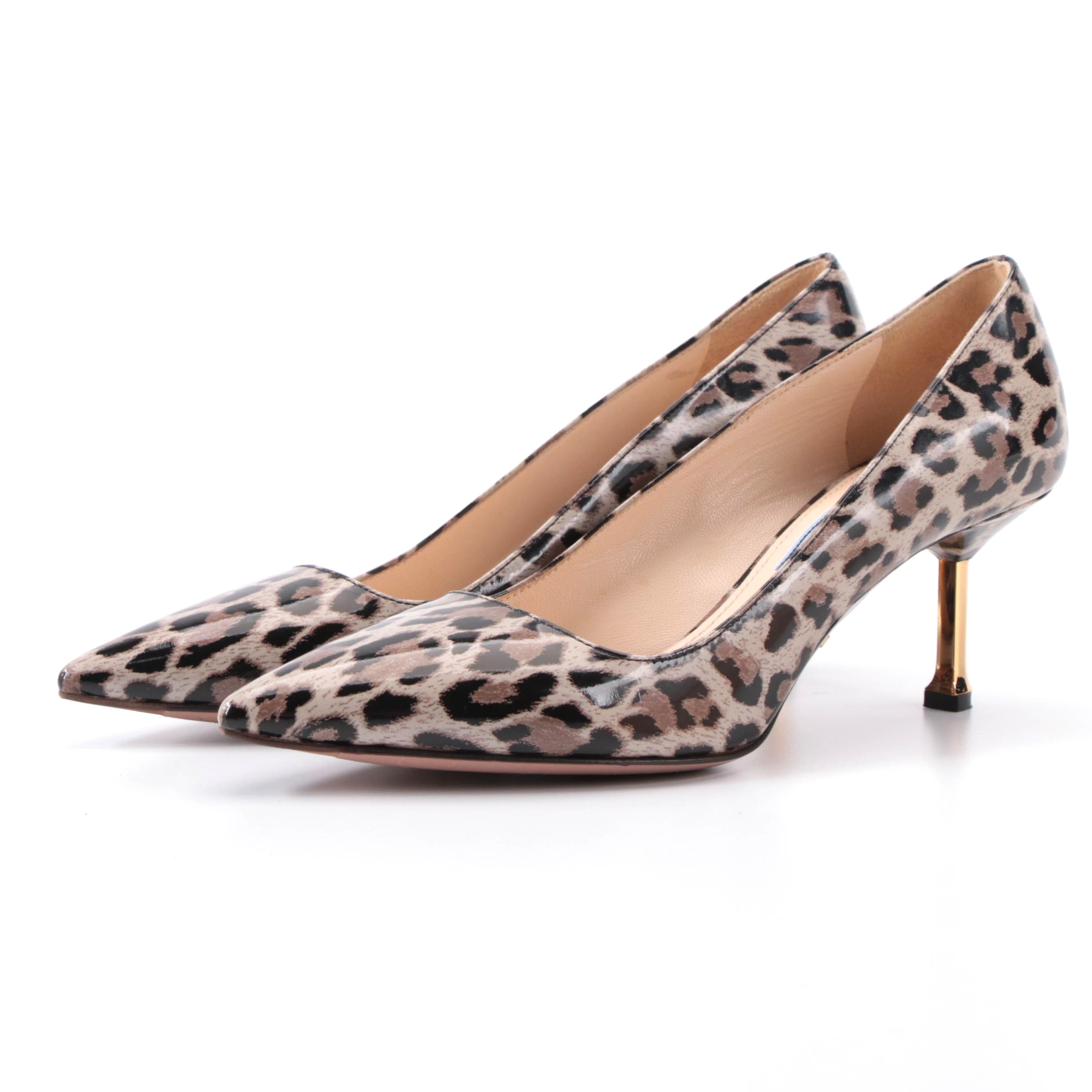 Prada Pointed-Toe Leopard Print Patent Leather Pumps with Gold-Tone Heels in Box
