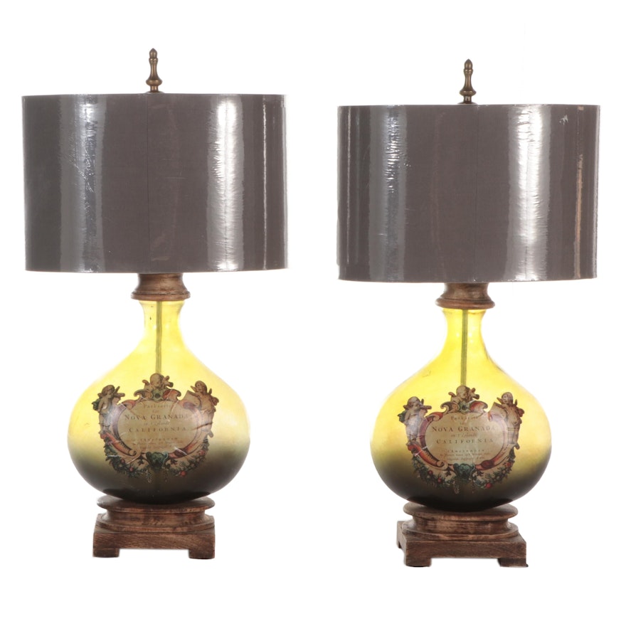 Pair of Spanish Wine Bottle Converted Demijohn Glass Lamps with Drum Shades