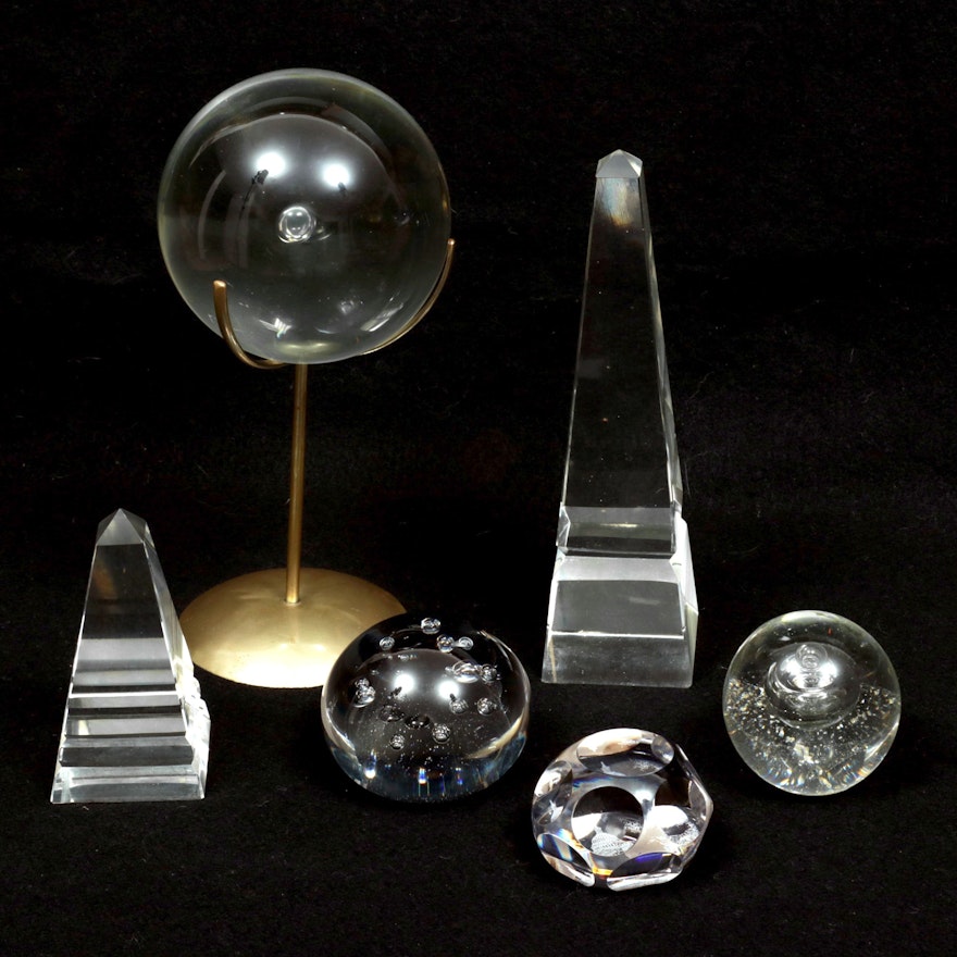 Blown Glass Paperweights, Orb on Stand, and Cut Glass Obelisks