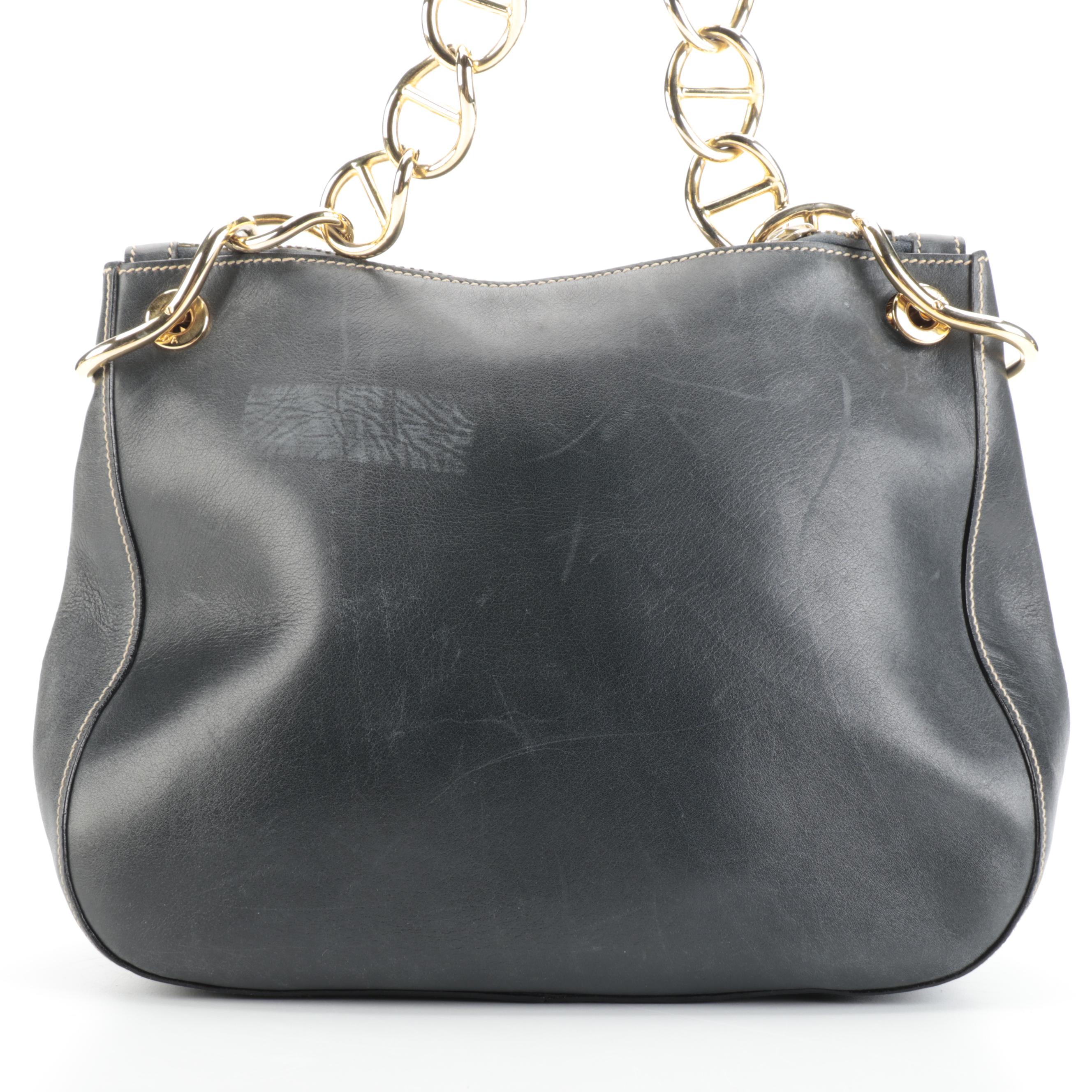 Prada Shoulder Bag in Contrast Stitched Midnight Blue Leather with Chain Strap