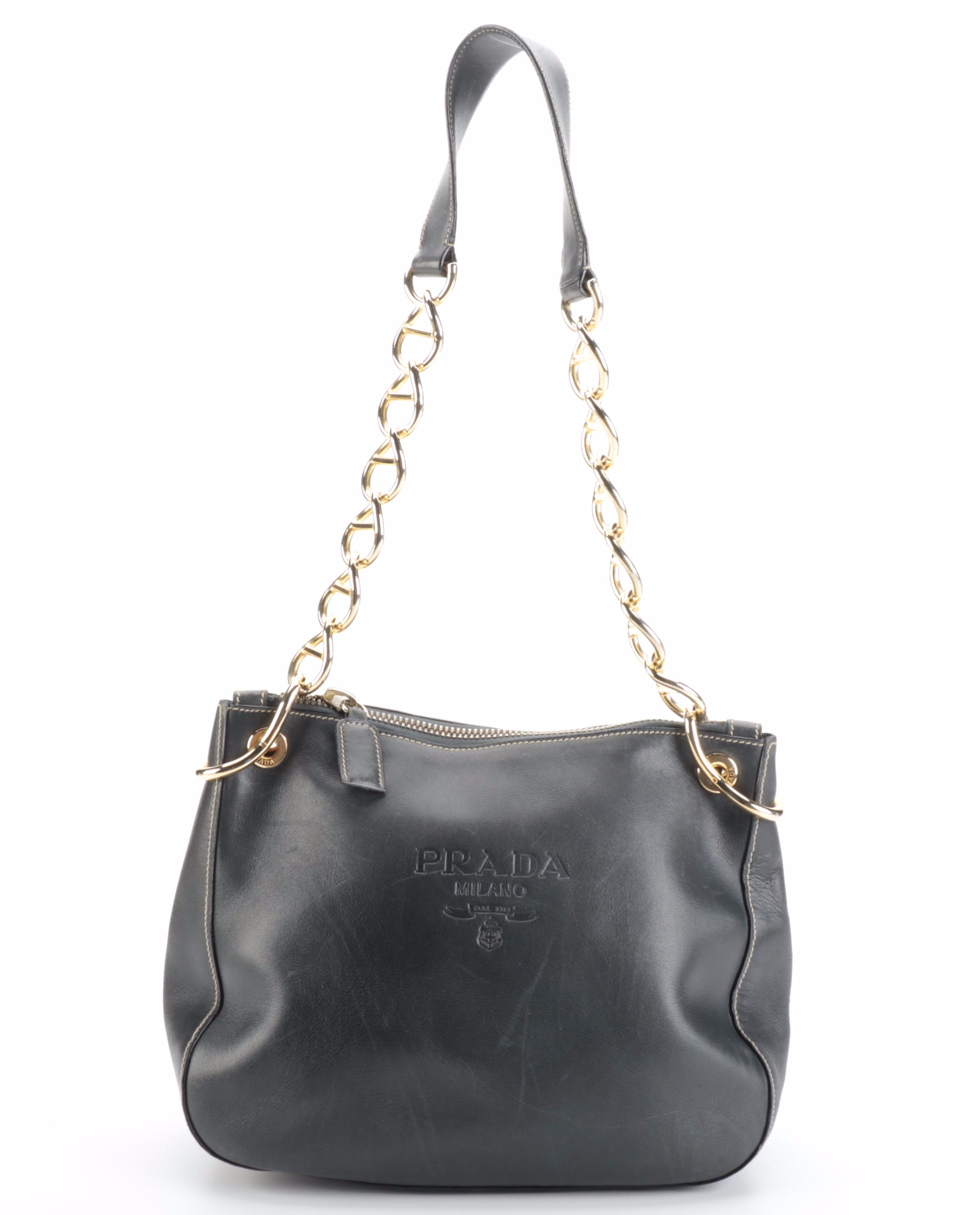 Prada Shoulder Bag in Contrast Stitched Midnight Blue Leather with Chain Strap