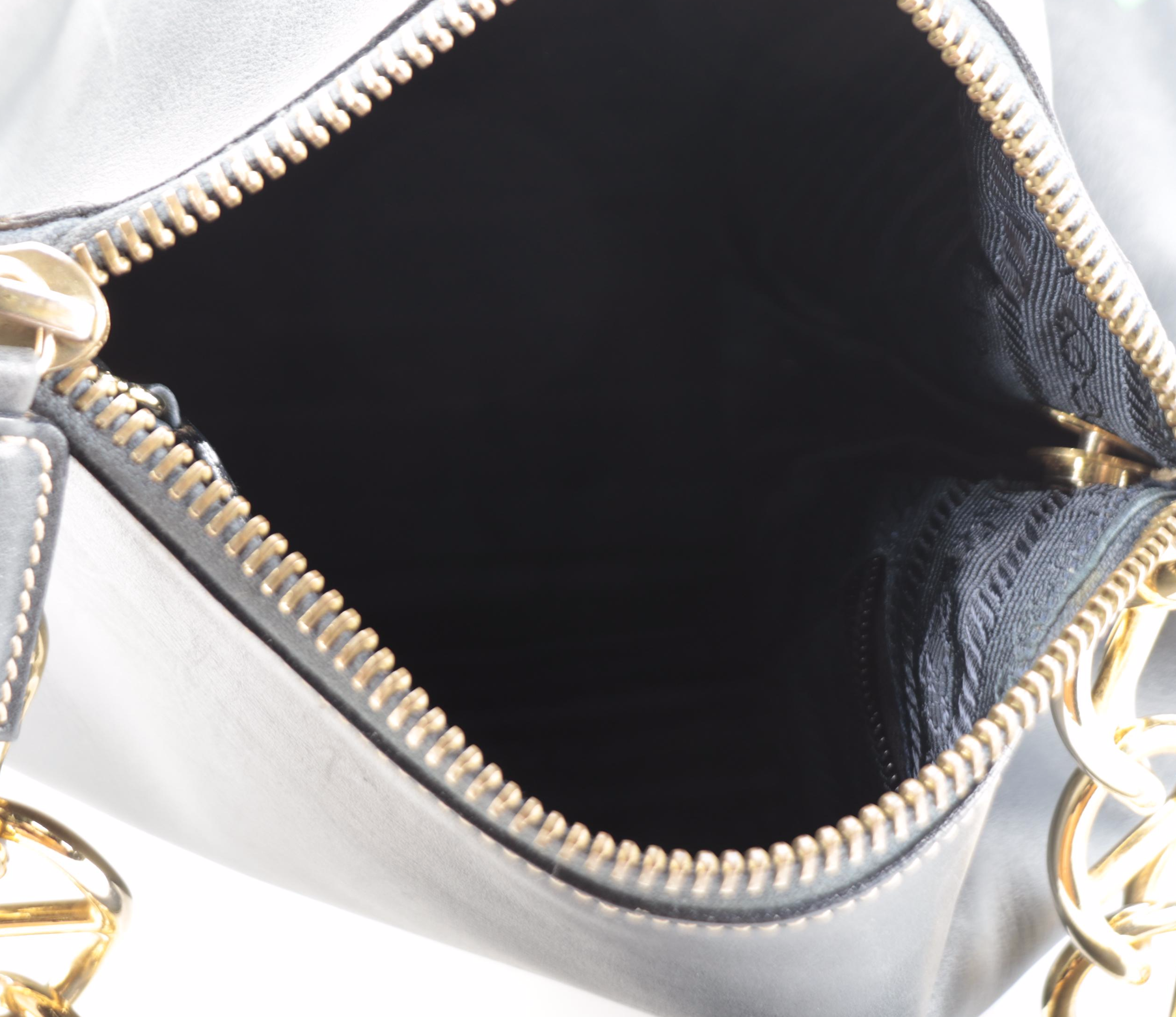 Prada Shoulder Bag in Contrast Stitched Midnight Blue Leather with Chain Strap