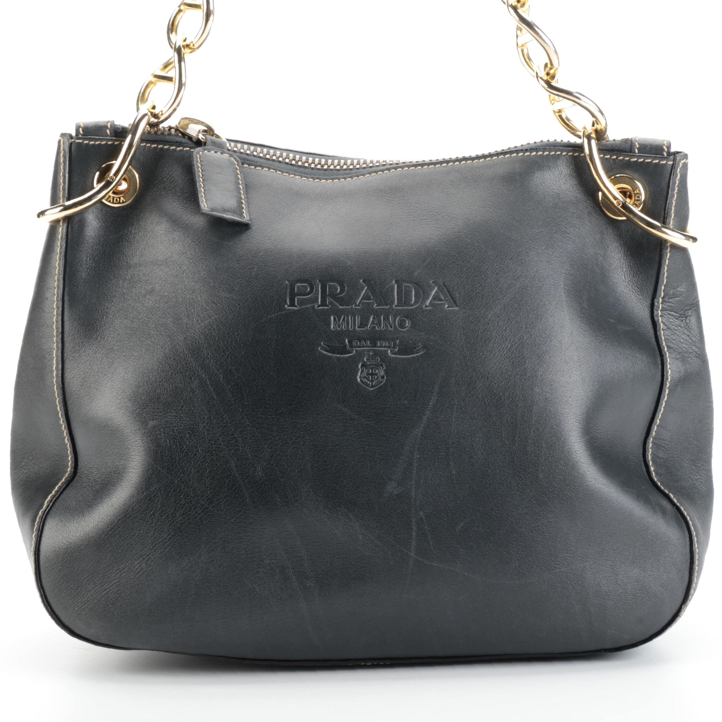 Prada Shoulder Bag in Contrast Stitched Midnight Blue Leather with Chain Strap
