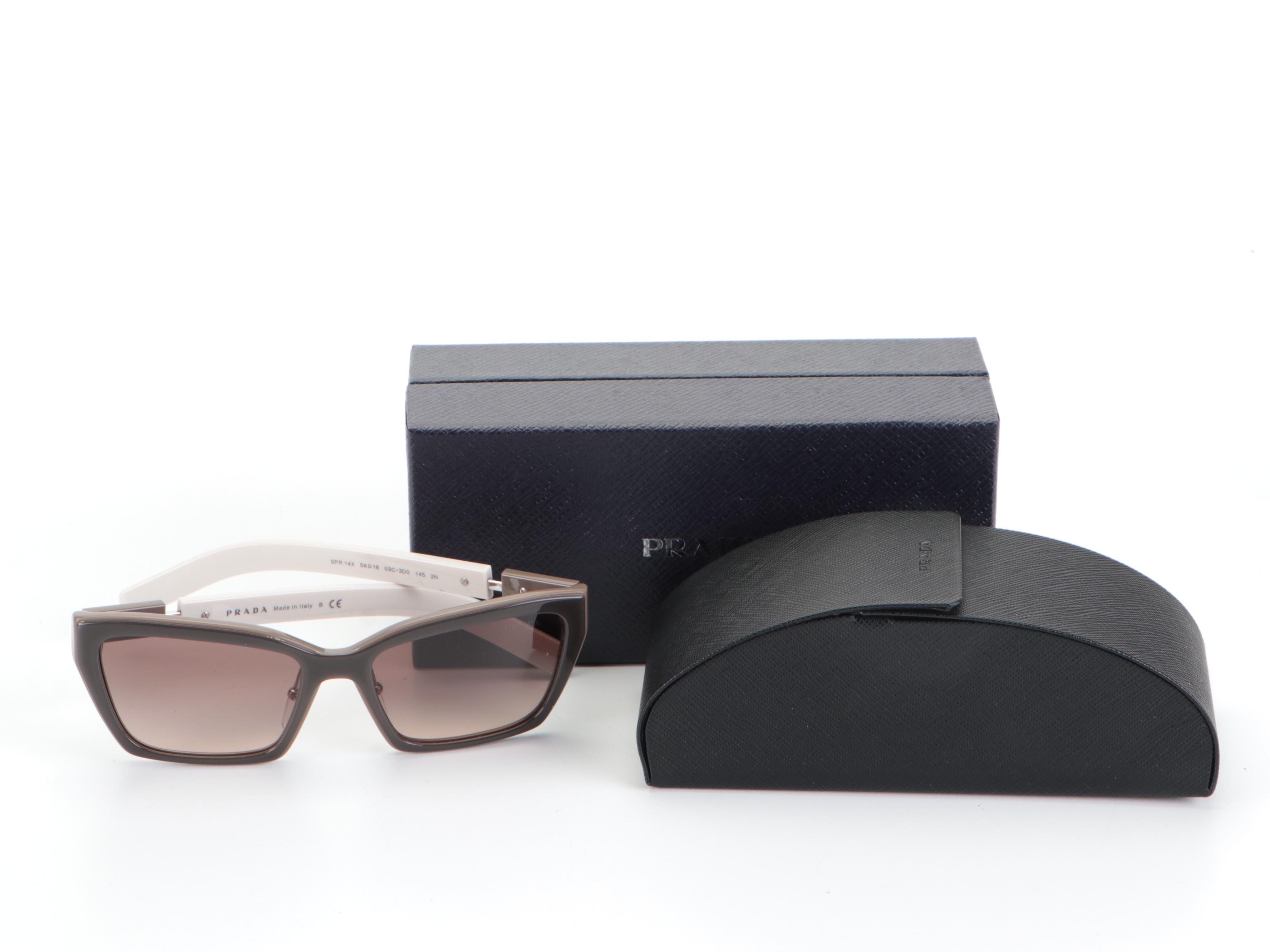 Prada SPR 14X Rectangular Sunglasses in Taupe and White with Case and Box