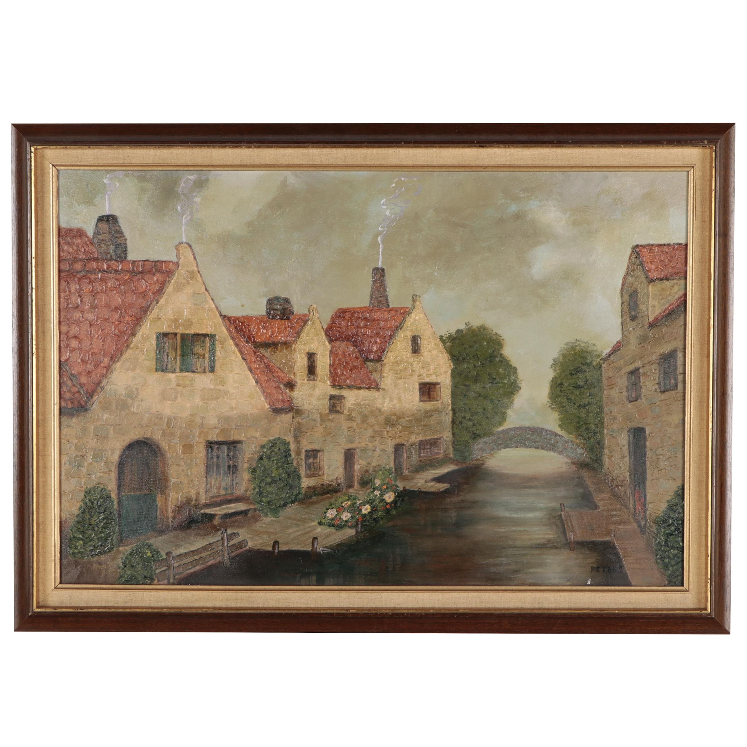 Oil Painting of Belgium Canal Houses, Circa 1970