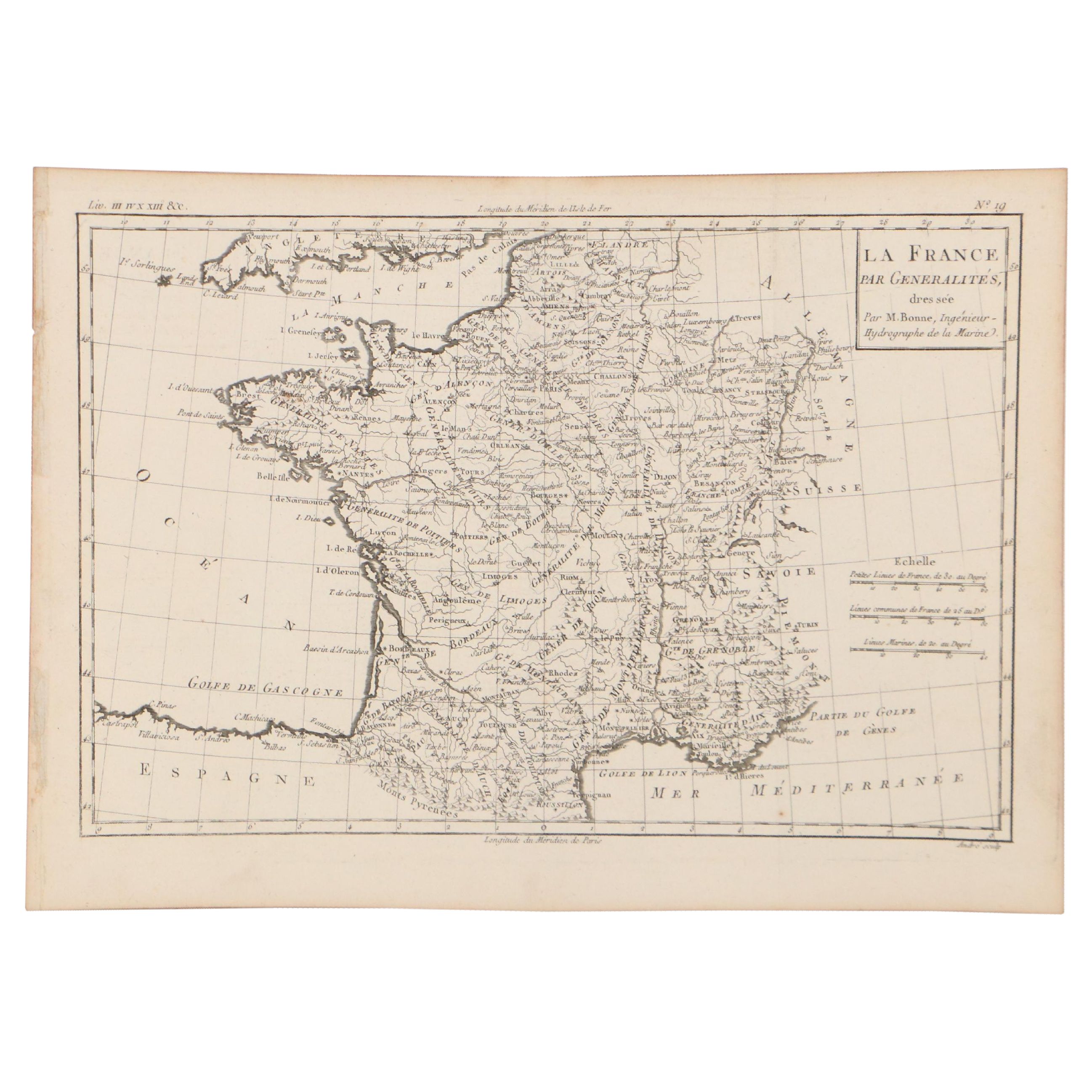 Rigobert Bonne Engraving Map of France, 1780
