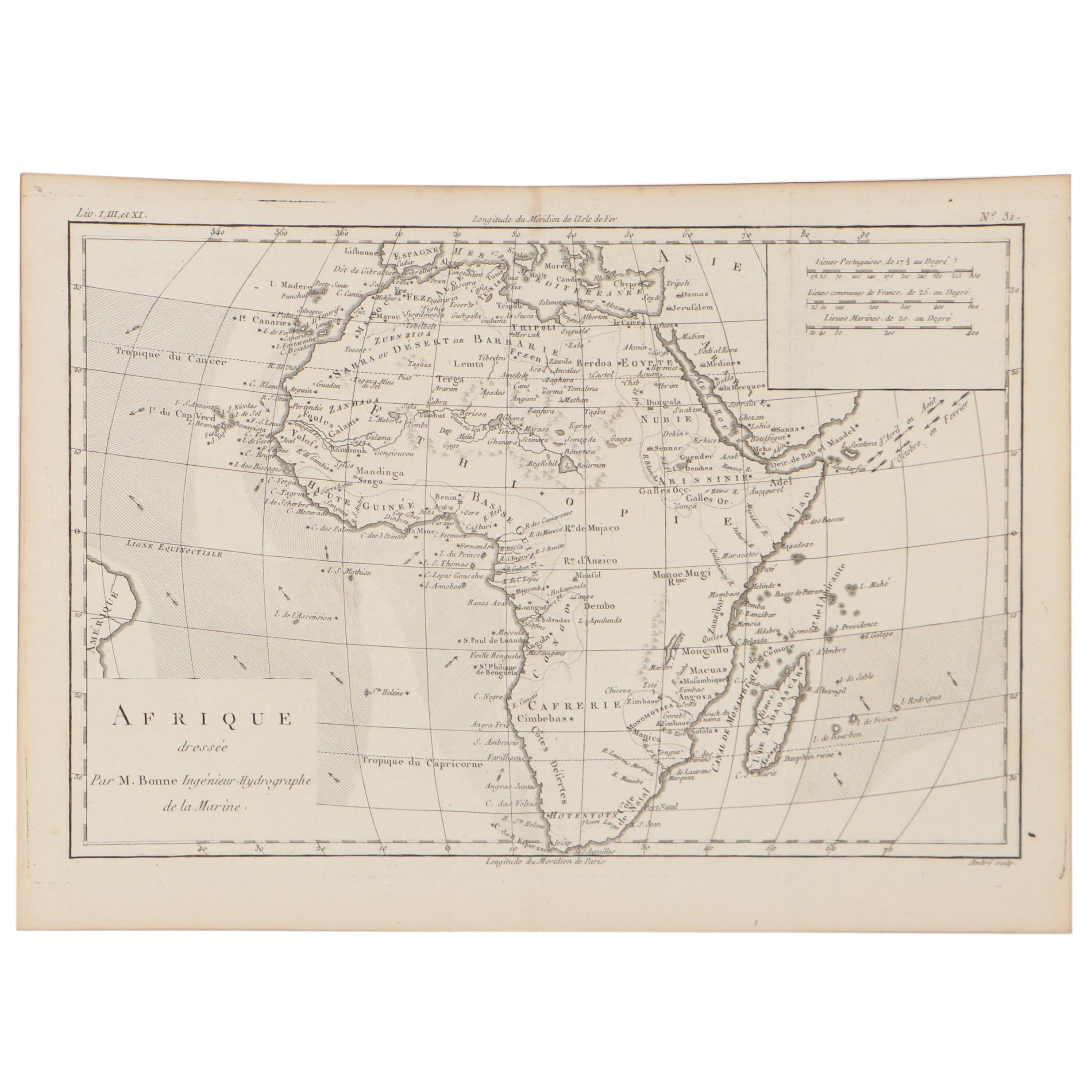 Rigobert Bonne Engraving Map of Africa, 1780