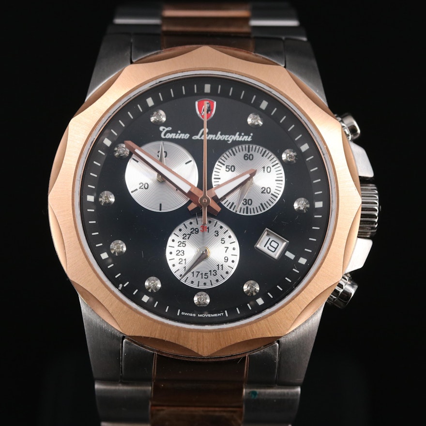 Tonino Lamborghini Diamond Dial Stainless Steel Chronograph Wristwatch