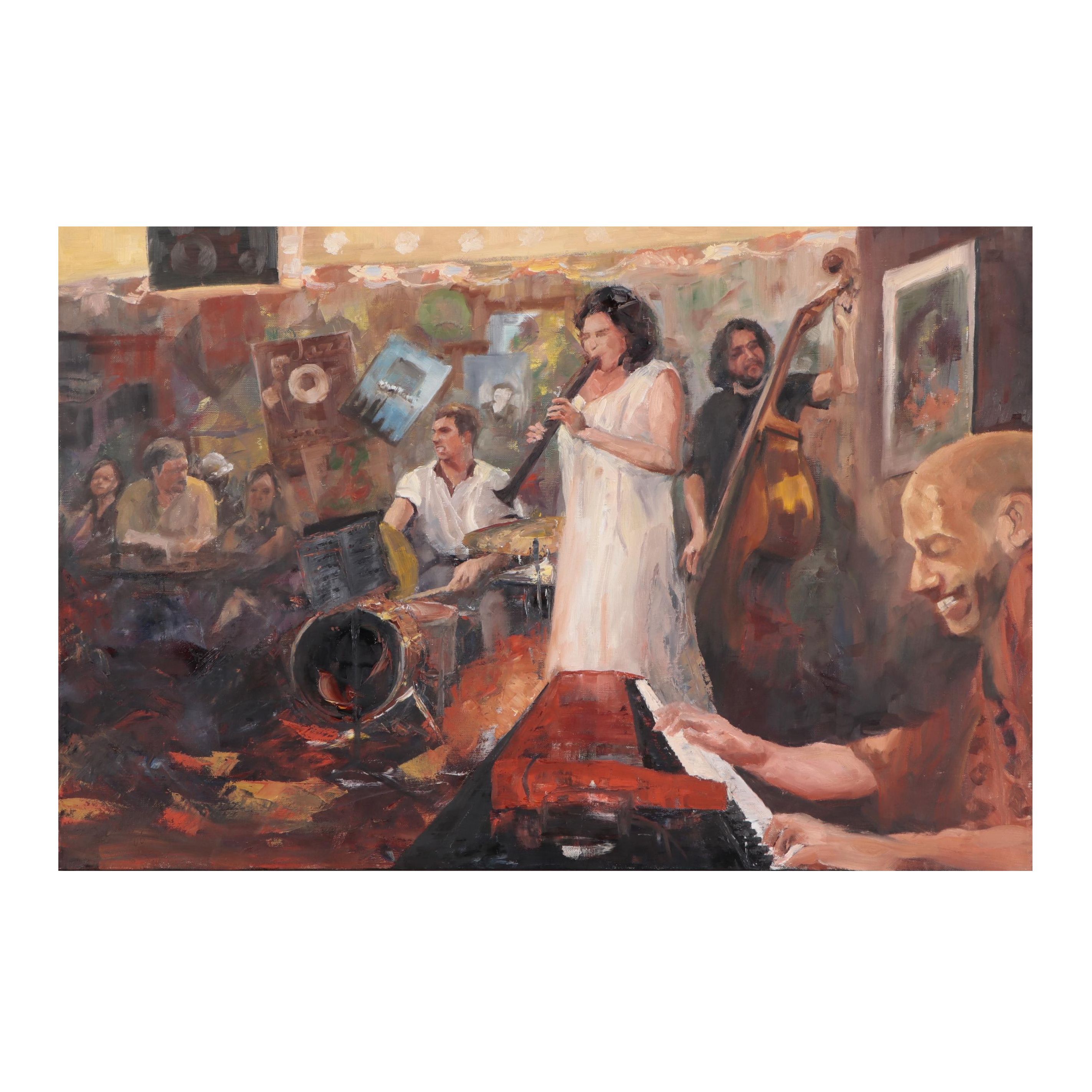 Kaz Ooka Oil Painting "Playing for Guest Musician," 2006