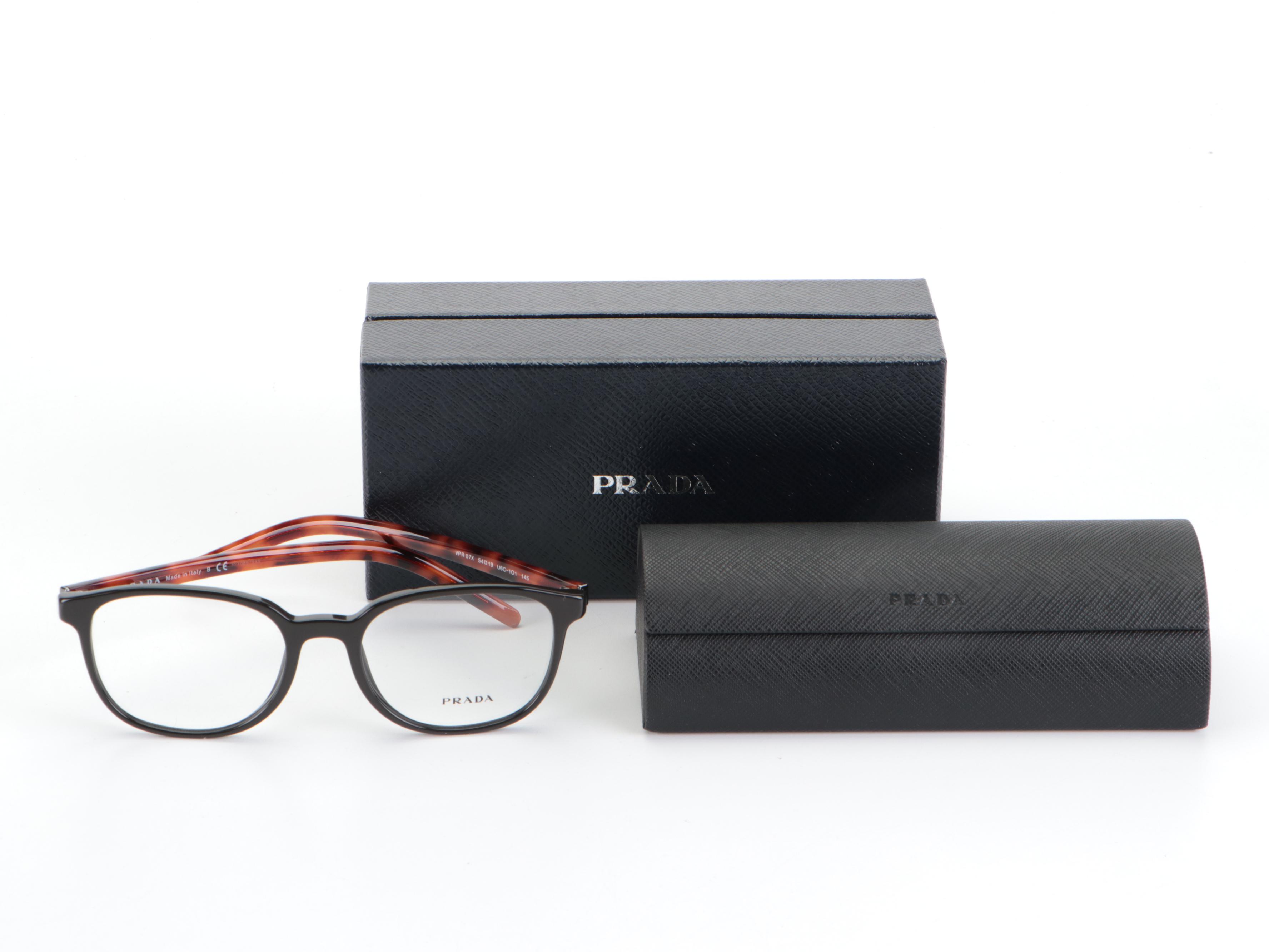 Prada VPR 07X Browline Eyeglasses in Black/Tortoise with Box and Case