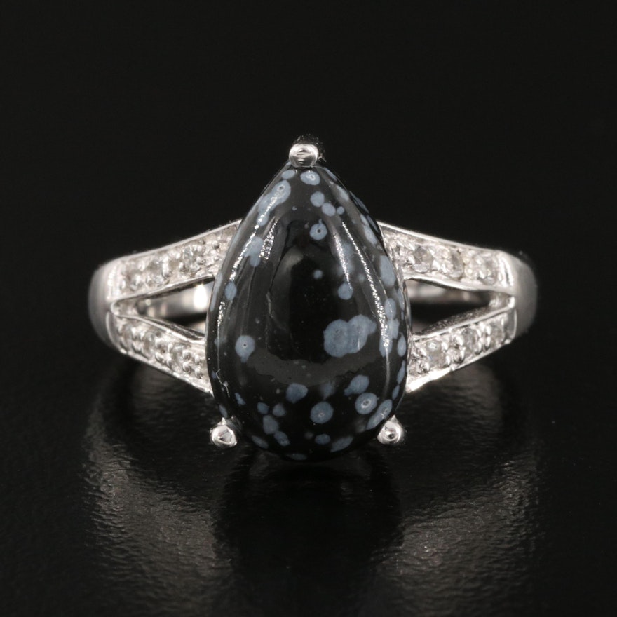Sterling Silver Snowflake Obsidian and White Topaz Ring