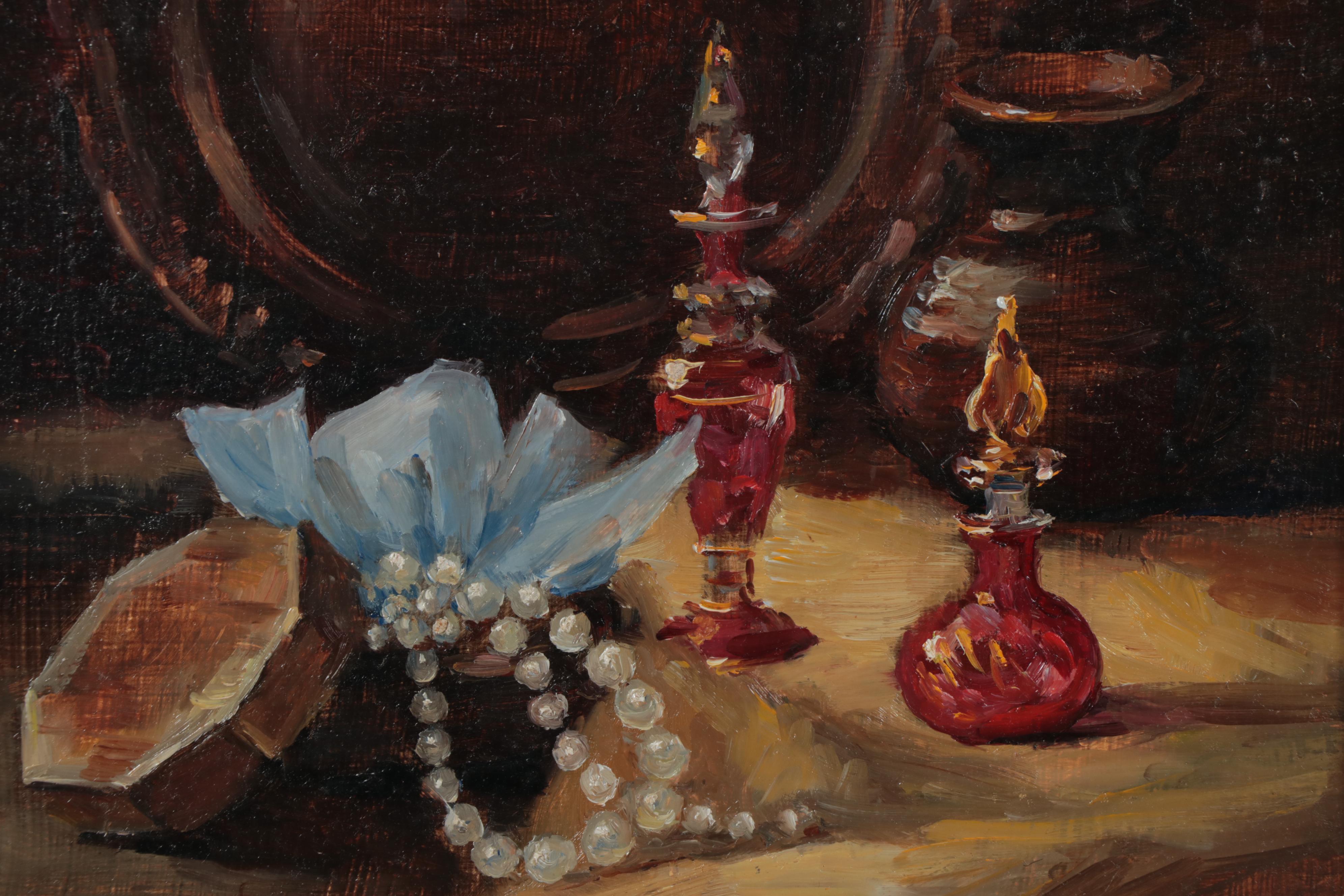 Lois McCune Still Life Oil Painting of Pearls and Perfume, Late 20th Century