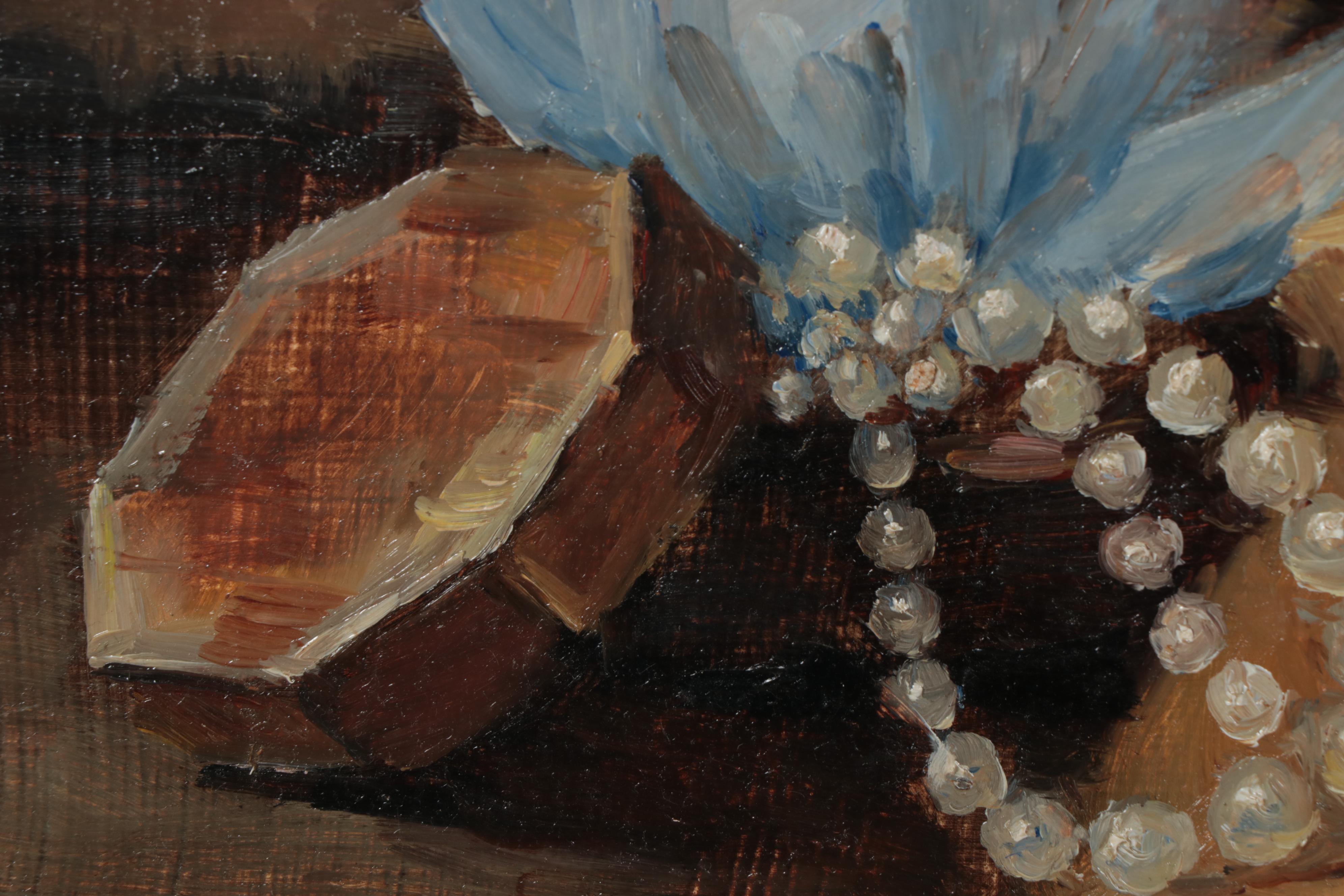 Lois McCune Still Life Oil Painting of Pearls and Perfume, Late 20th Century