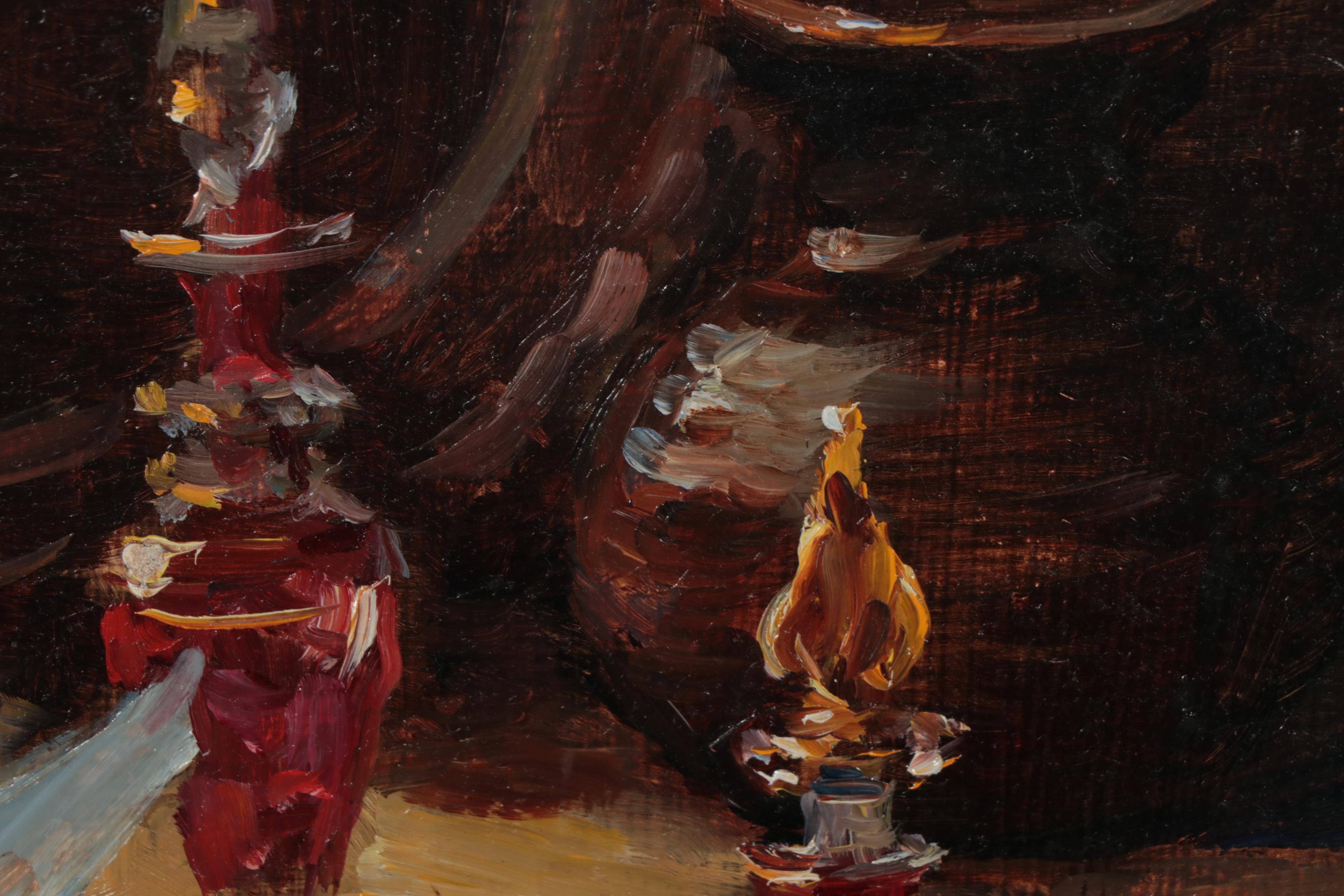 Lois McCune Still Life Oil Painting of Pearls and Perfume, Late 20th Century