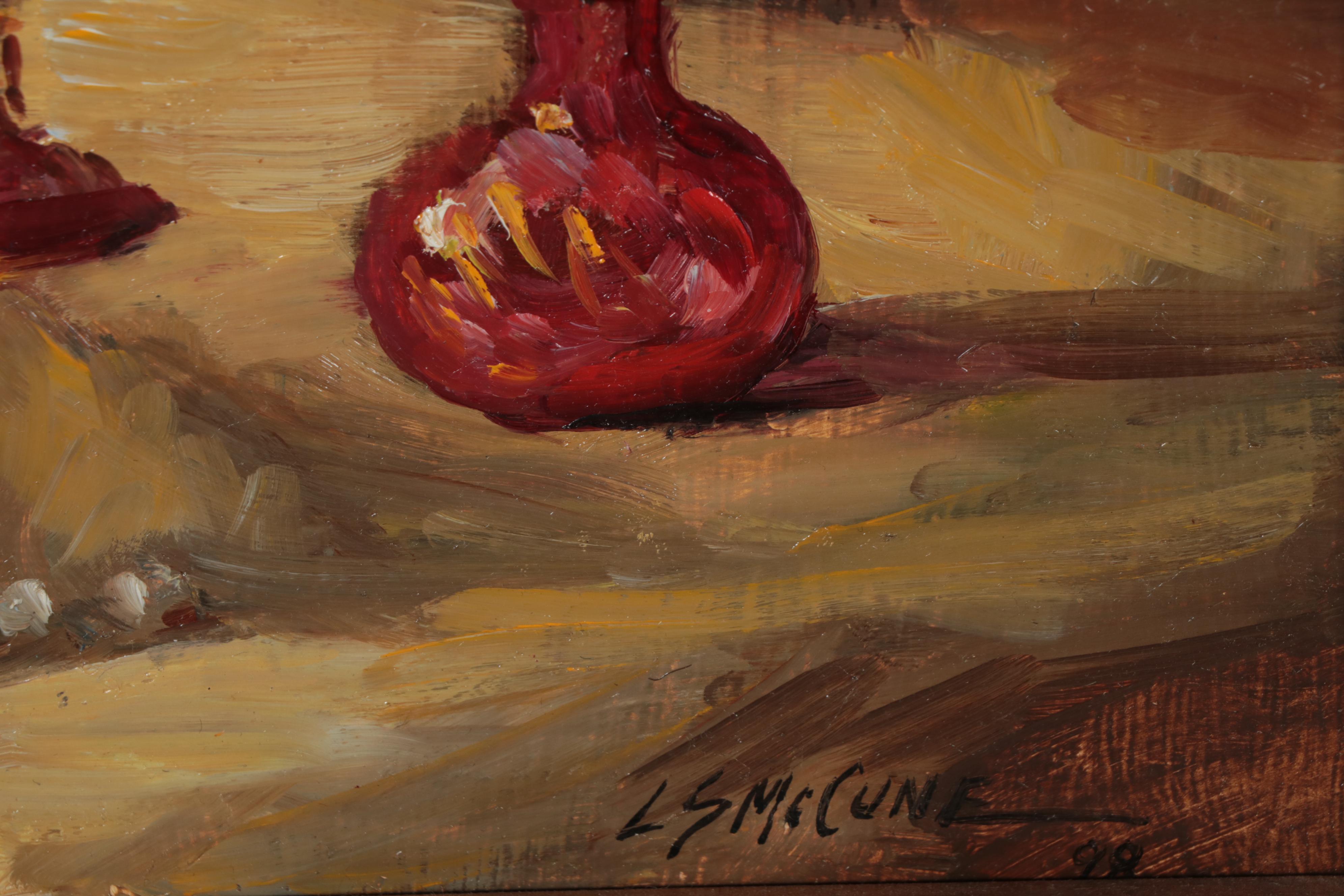 Lois McCune Still Life Oil Painting of Pearls and Perfume, Late 20th Century