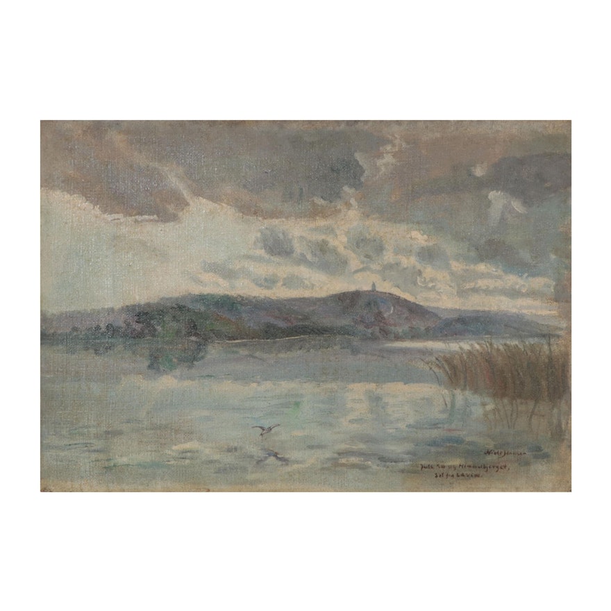 Niels Hansen Lakeside Oil Painting, Early 20th Century