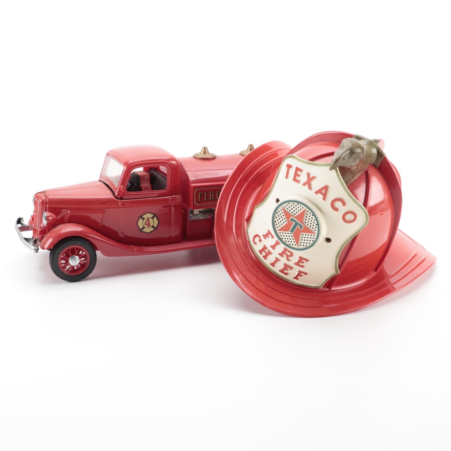 Texaco Fire Chief Helmet with Jim Beam Fire Truck Decanter, Mid-20th Century