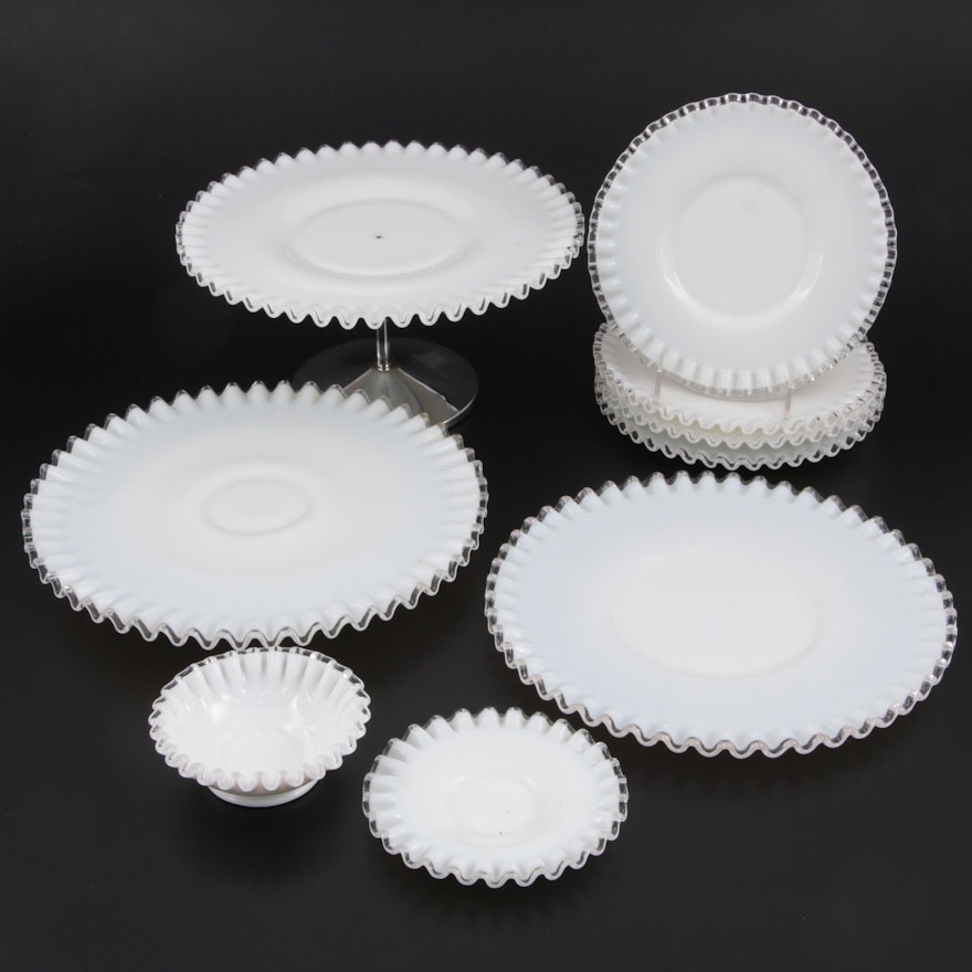 Fenton Silver Crest Glass Cake Plate, Dessert Plates, Bowl and Saucers