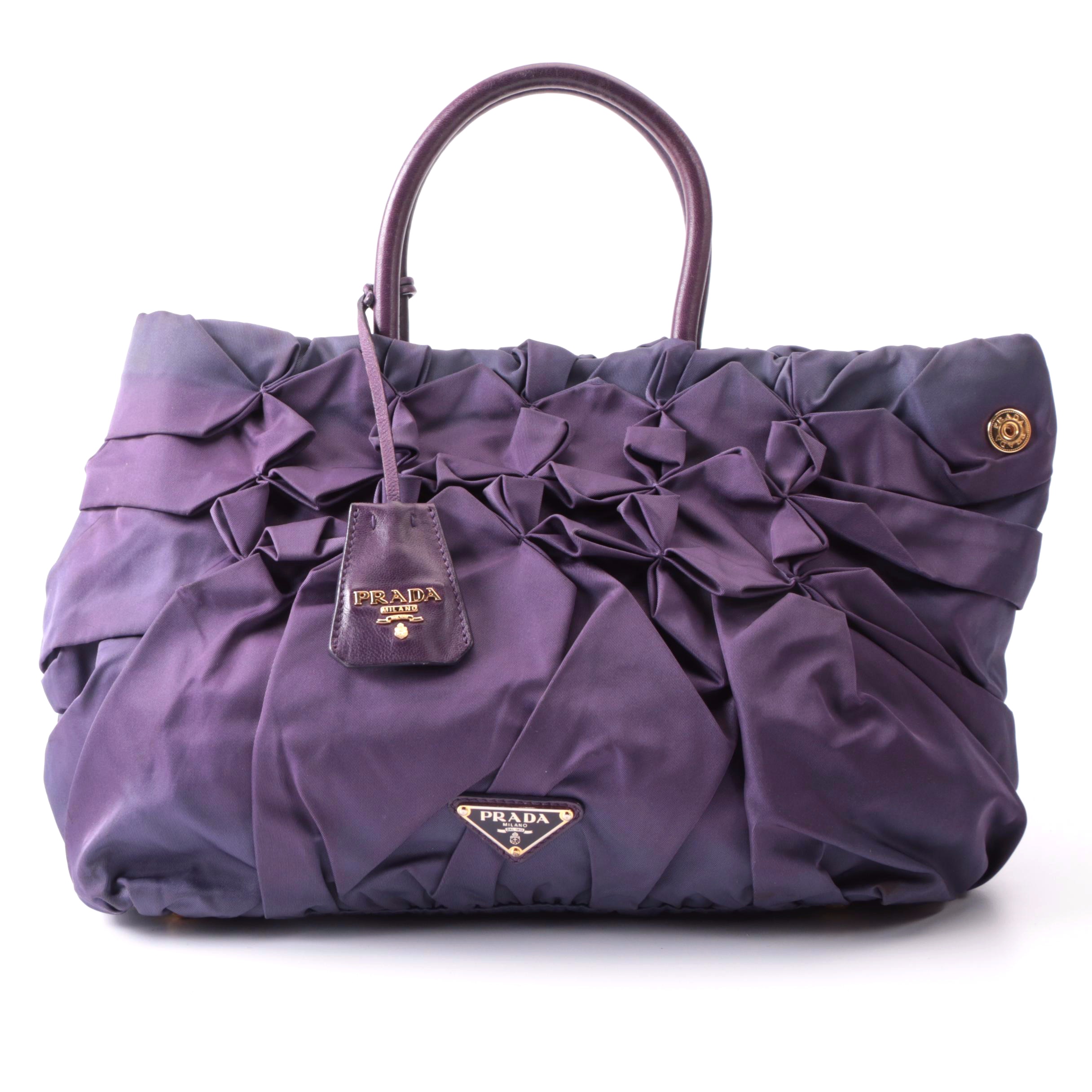 Prada Pleated Purple Nylon Tessuto and Leather Tote