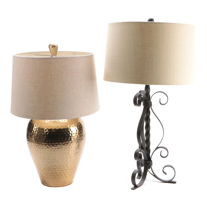 Scrolled Metal and Hammered Brass Finish Table Lamps
