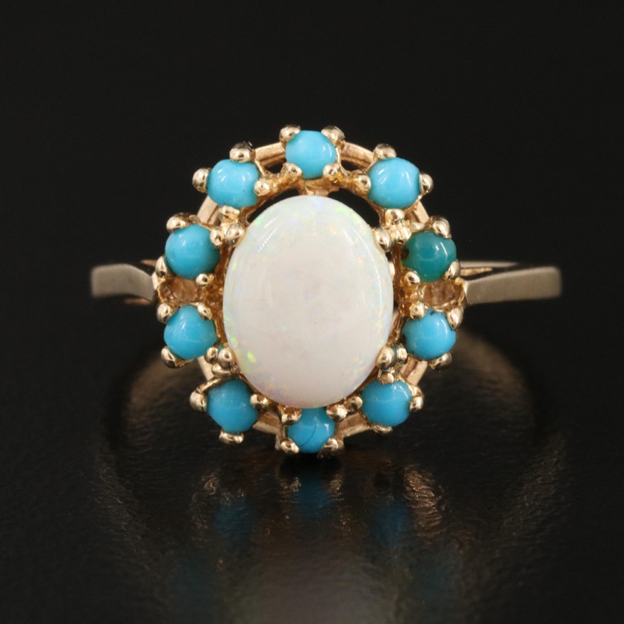 14K Opal and Turquoise Halo Ring