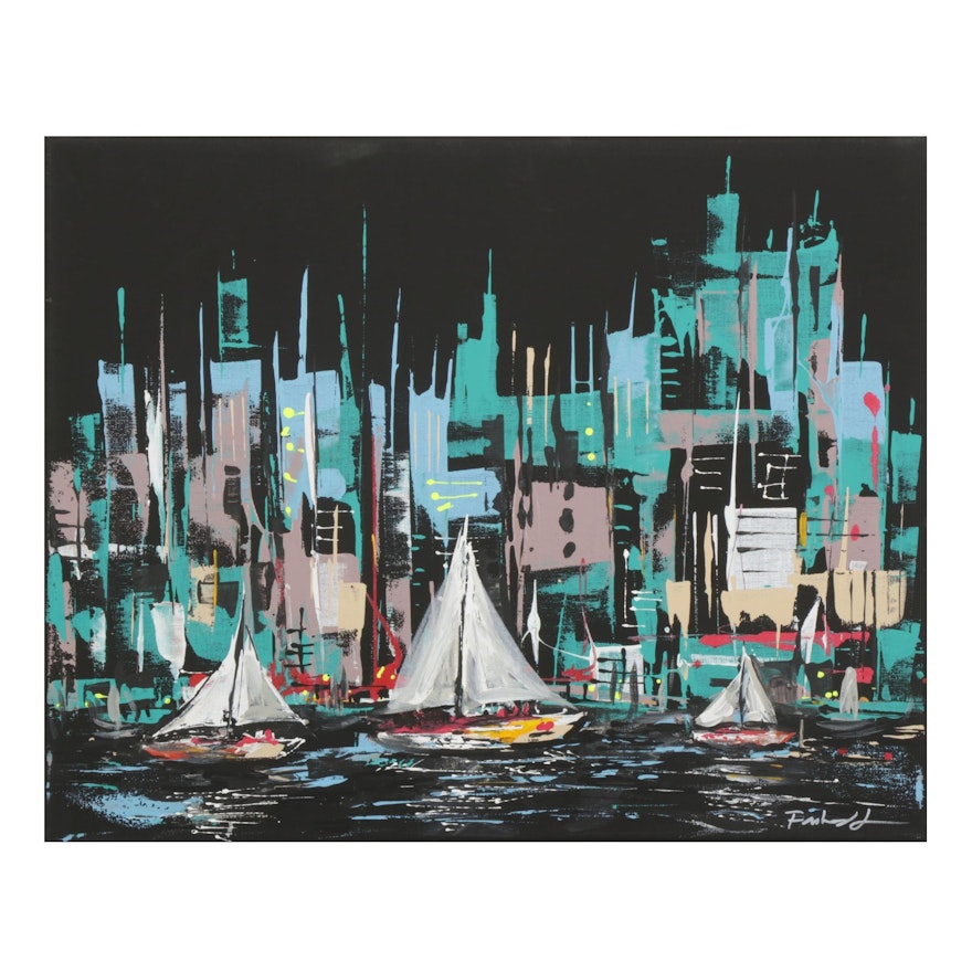 Farshad Lanjani Acrylic Painting of Abstract Harbor Cityscape, 21st Century