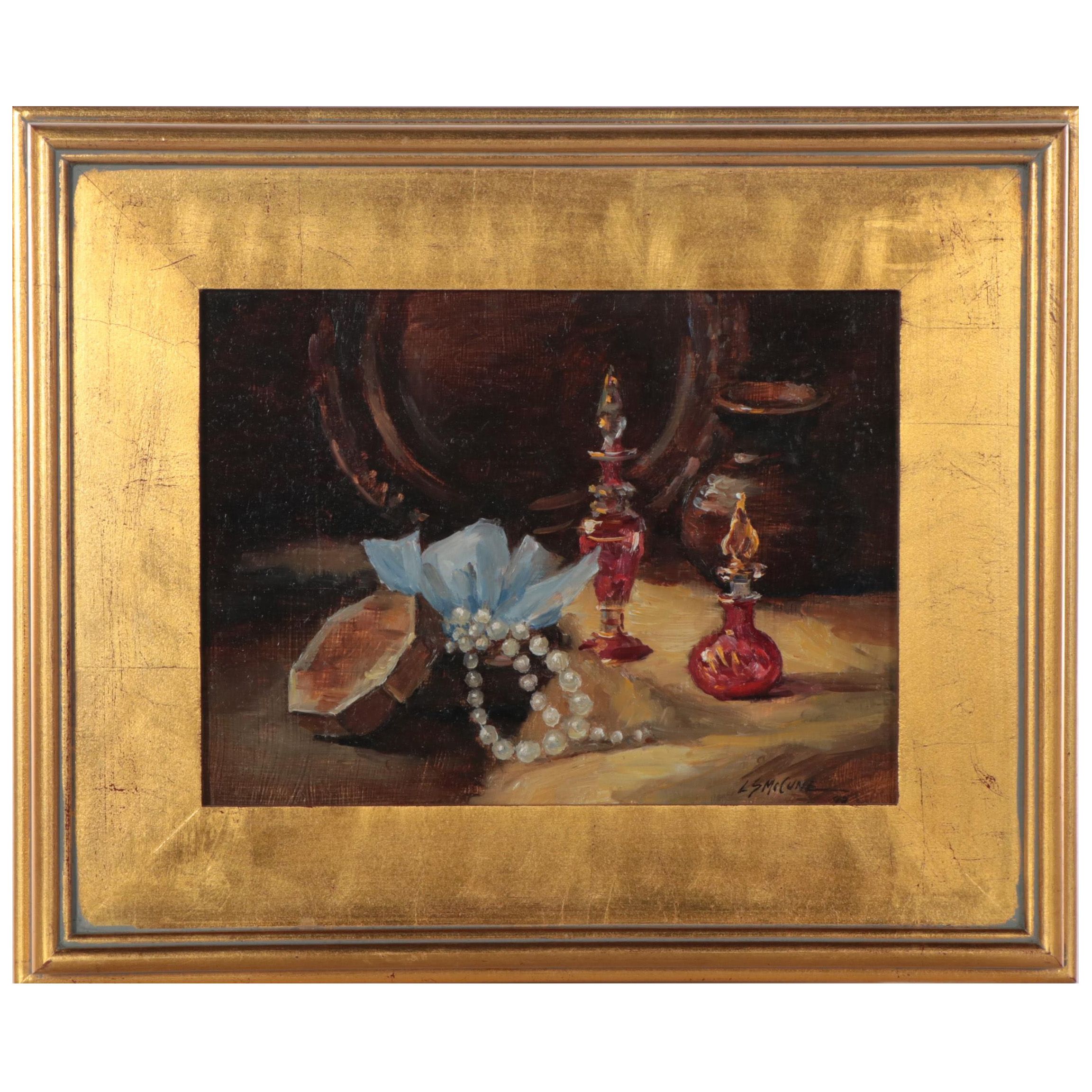 Lois McCune Still Life Oil Painting of Pearls and Perfume, Late 20th Century