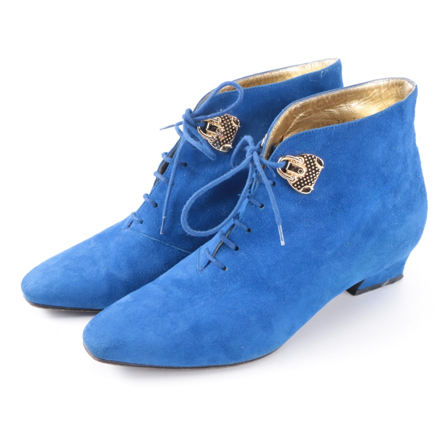 Escada Ankle Boots in Blue Suede with Gold-Tone Handbag Embellishment