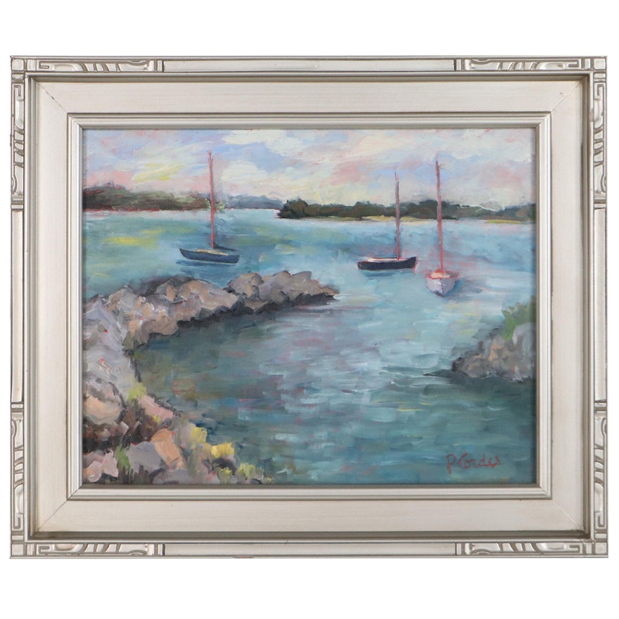 Paula Condes Oil Painting "Lake Charlevoix Moorings," Late 20th Century