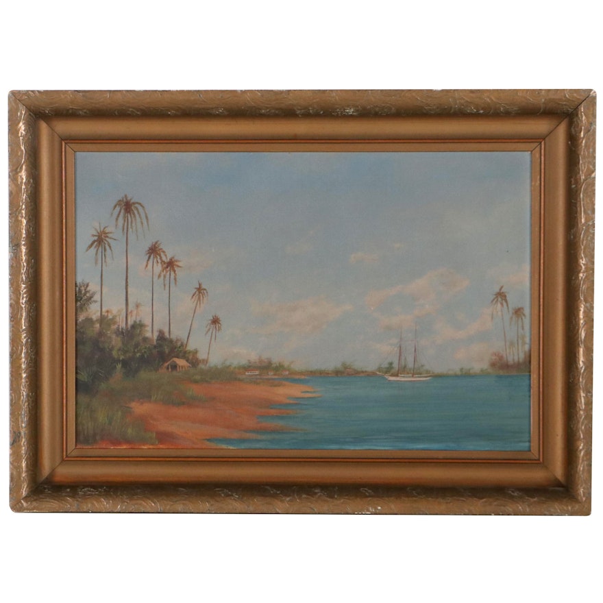 Landscape Oil Painting of Tropical Coast, Mid to Late 20th Century