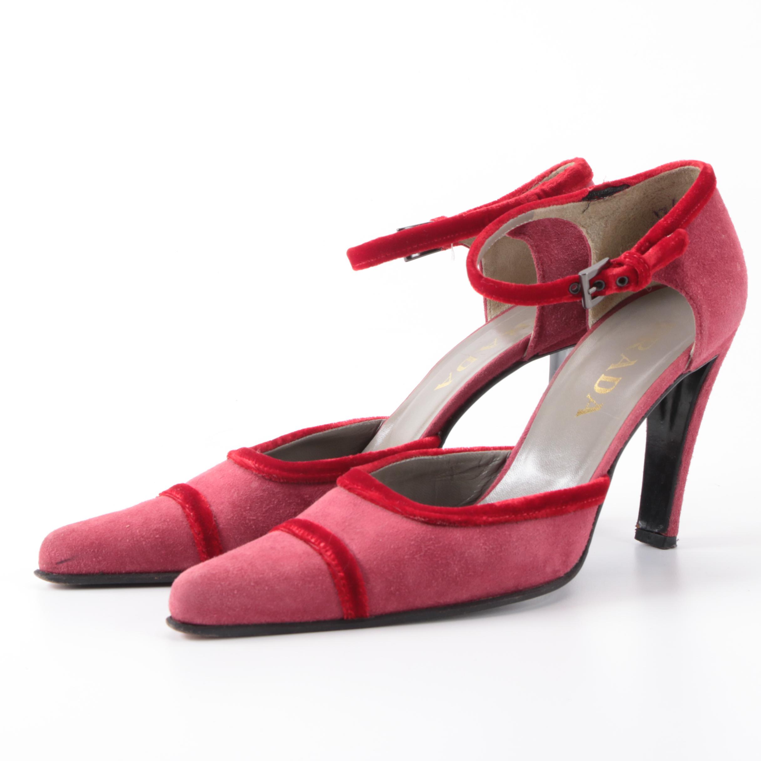 Prada Pointed-Toe D'Orsay Ankle Strap Pumps in Red Suede with Velvet Accents