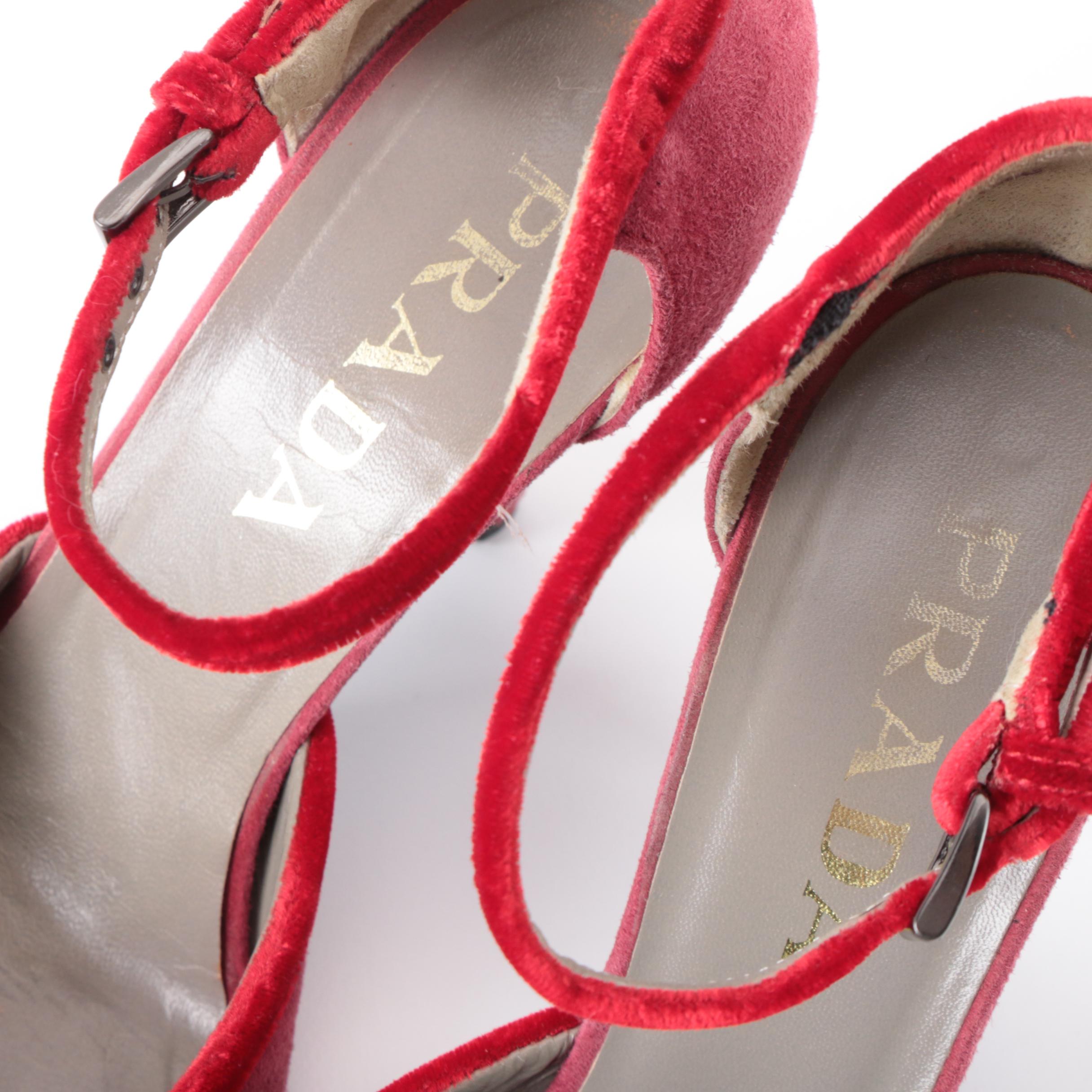 Prada Pointed-Toe D'Orsay Ankle Strap Pumps in Red Suede with Velvet Accents