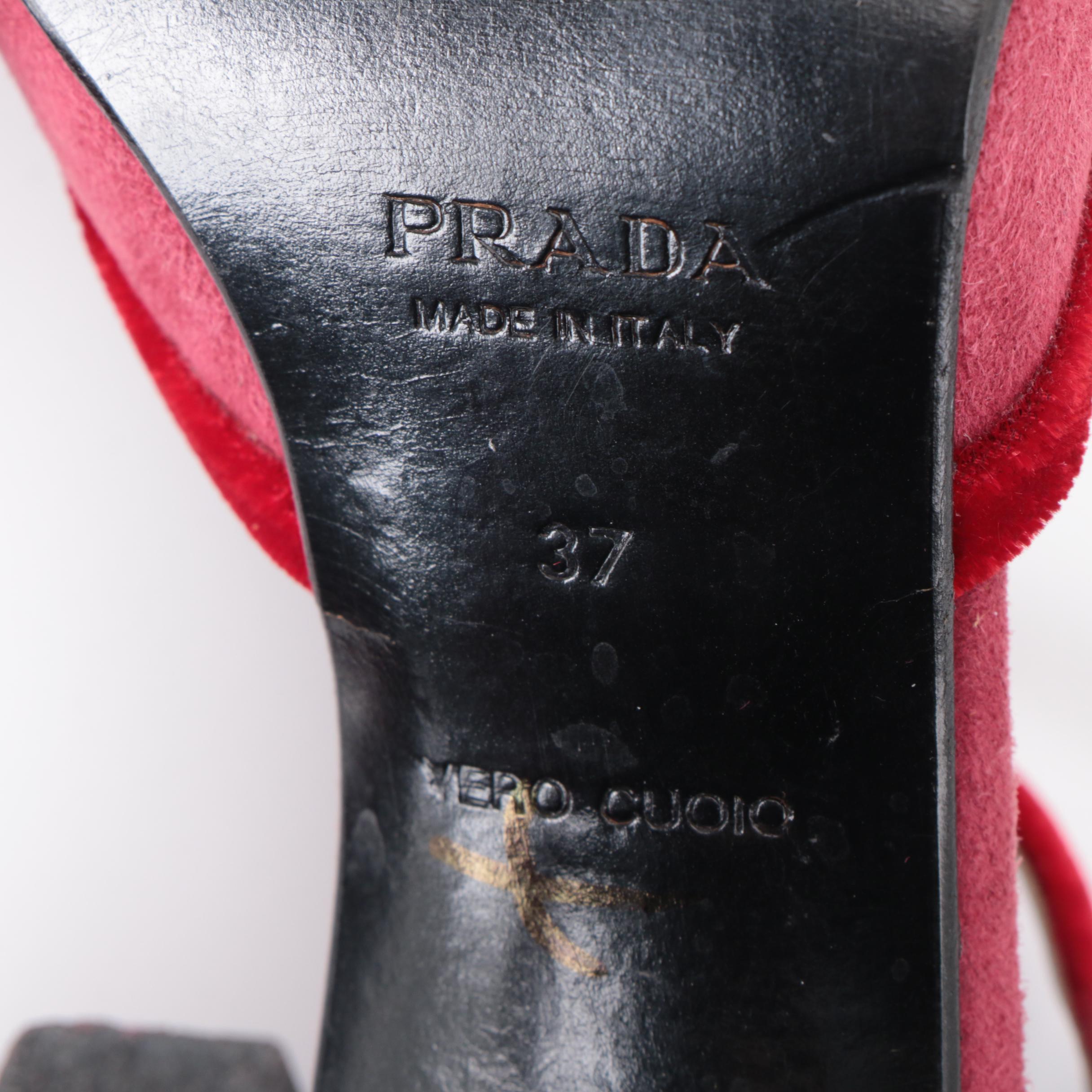 Prada Pointed-Toe D'Orsay Ankle Strap Pumps in Red Suede with Velvet Accents