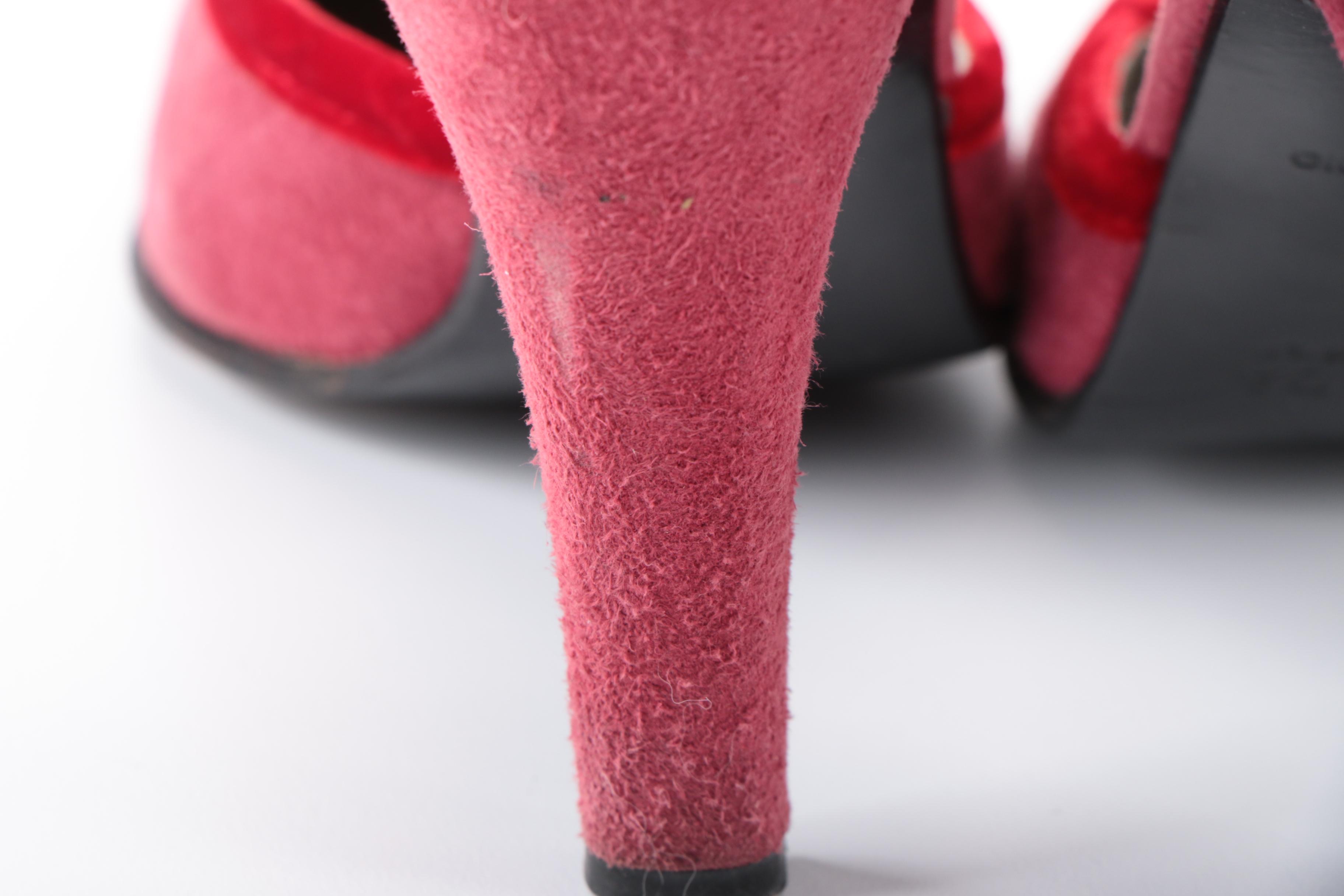 Prada Pointed-Toe D'Orsay Ankle Strap Pumps in Red Suede with Velvet Accents