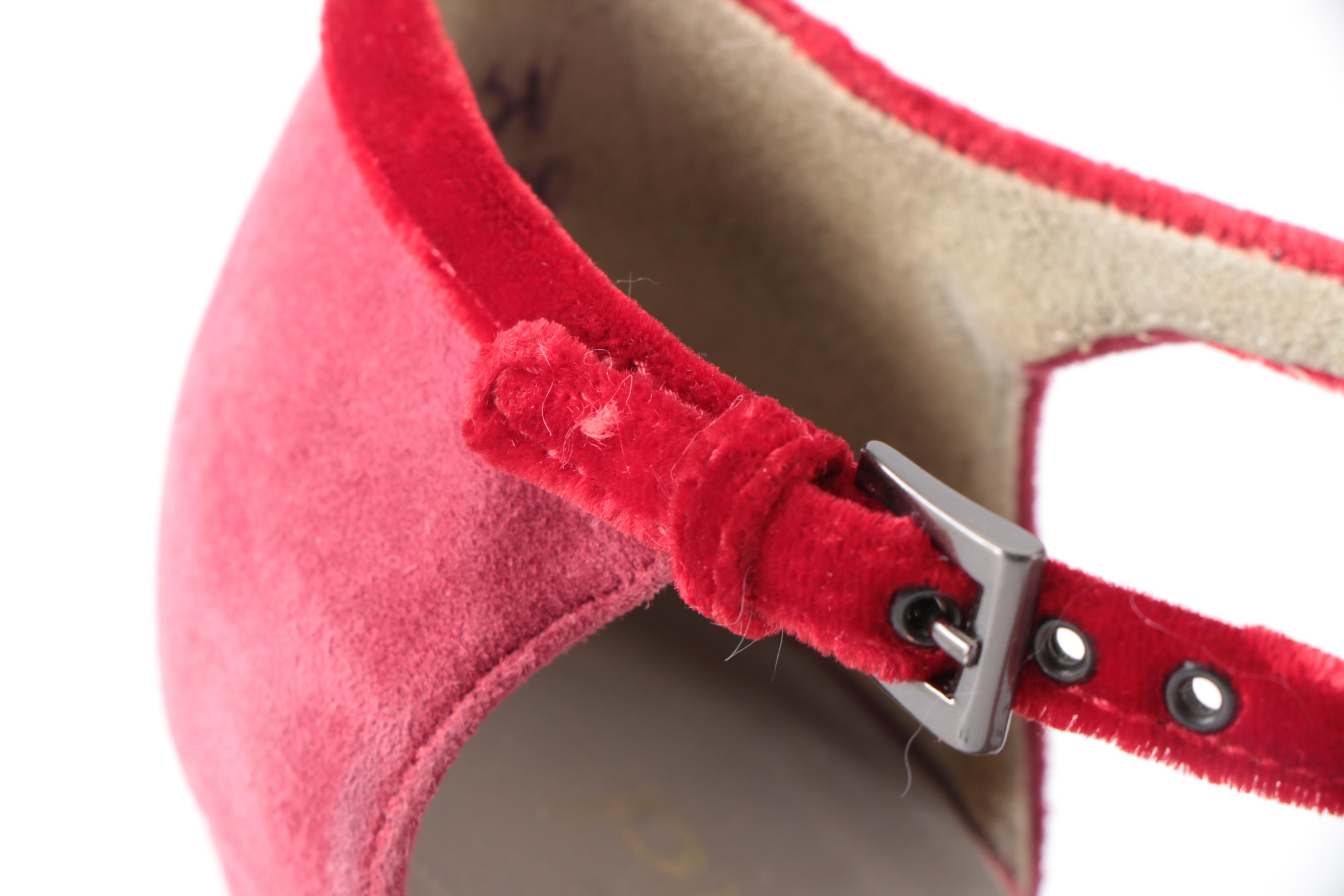 Prada Pointed-Toe D'Orsay Ankle Strap Pumps in Red Suede with Velvet Accents