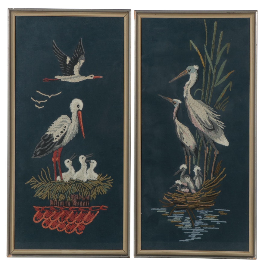 Embroidery Panels of Herons and Storks, Late 20th Century