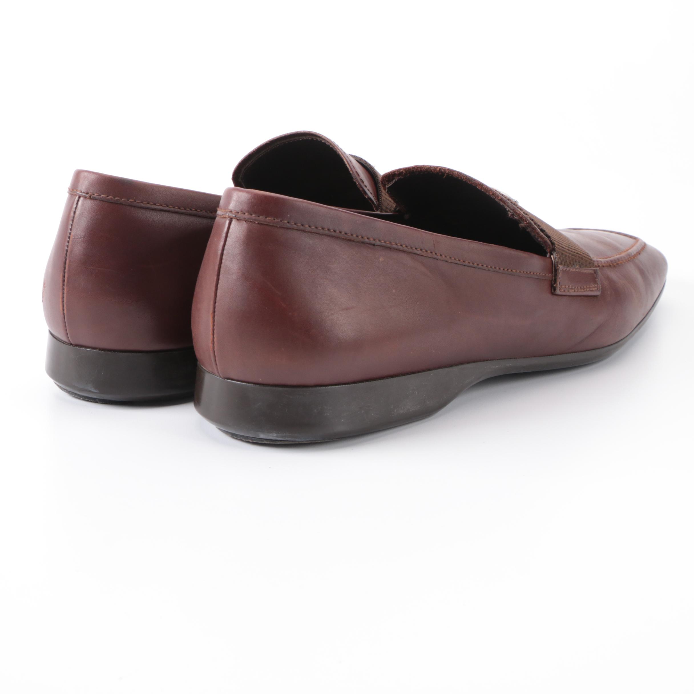 Men's Prada Loafers Square Apron Toe Triangular Logo in Brown Leather with Box