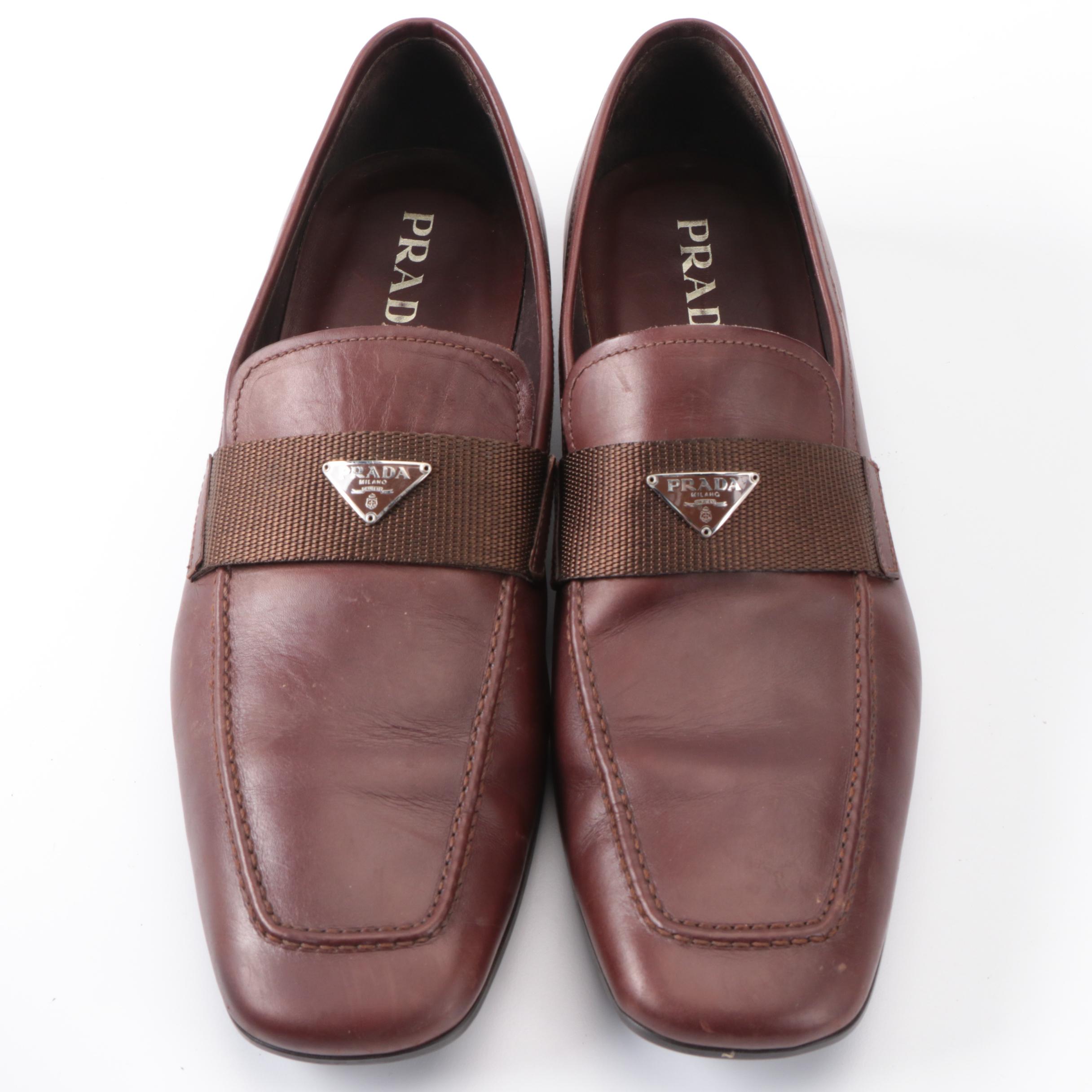 Men's Prada Loafers Square Apron Toe Triangular Logo in Brown Leather with Box