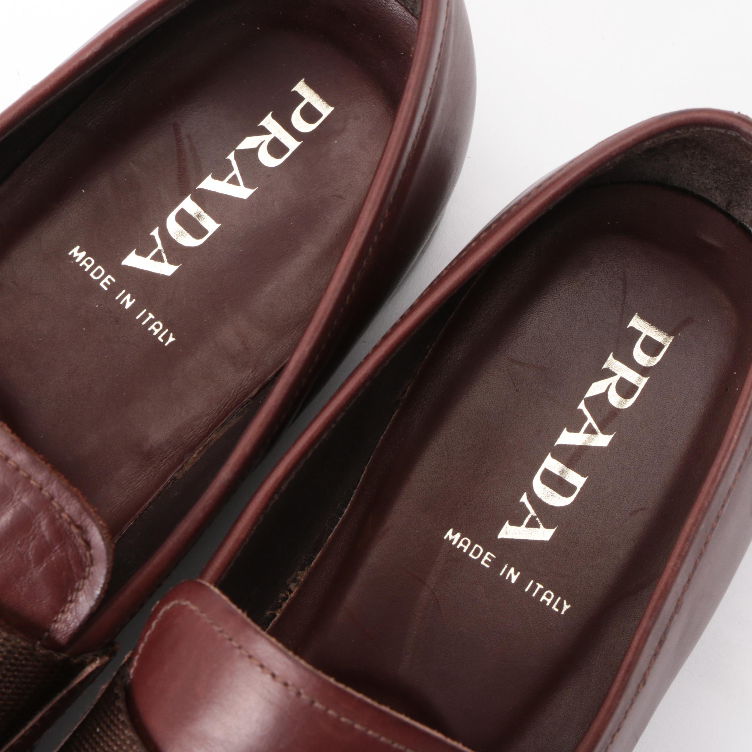 Men's Prada Loafers Square Apron Toe Triangular Logo in Brown Leather with Box