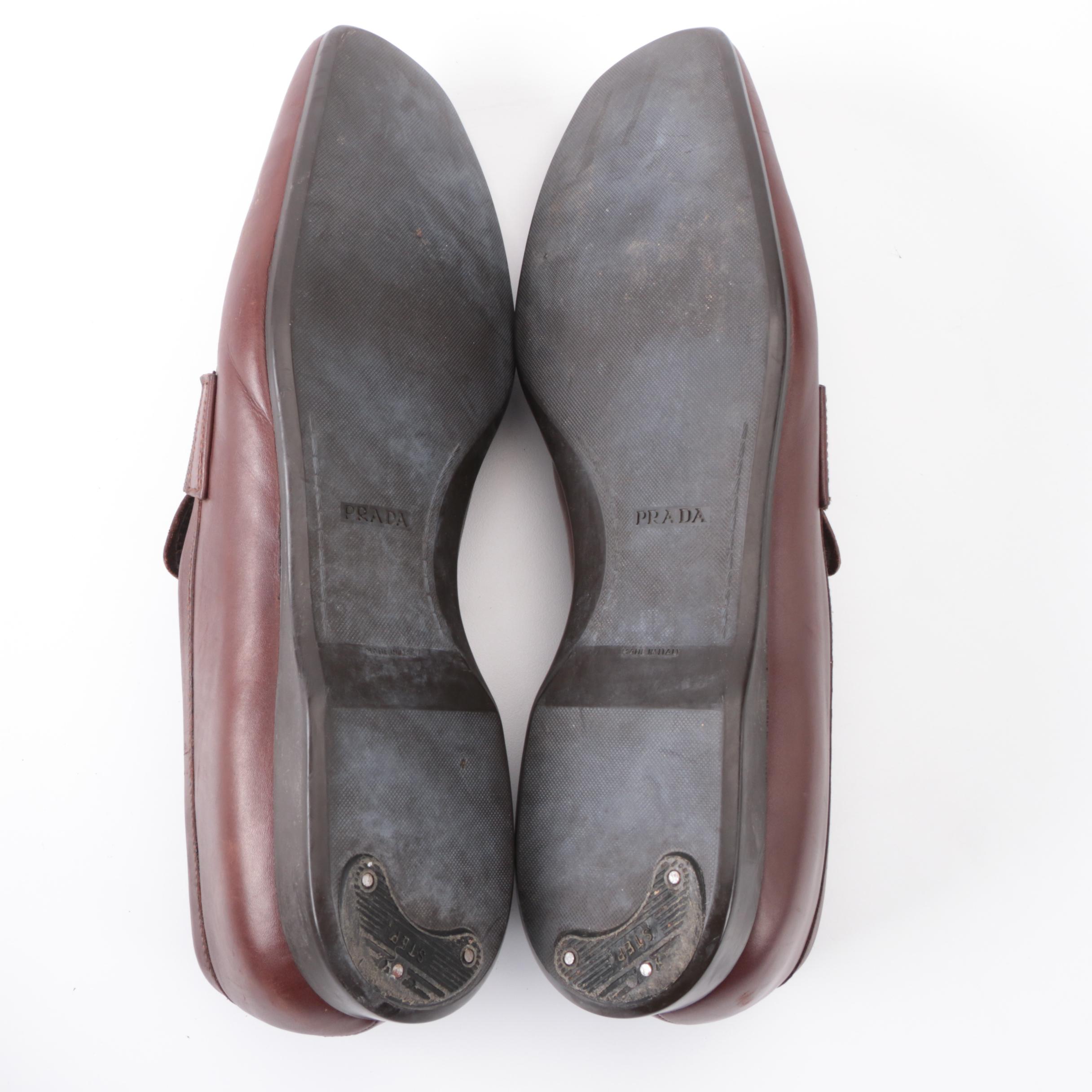 Men's Prada Loafers Square Apron Toe Triangular Logo in Brown Leather with Box