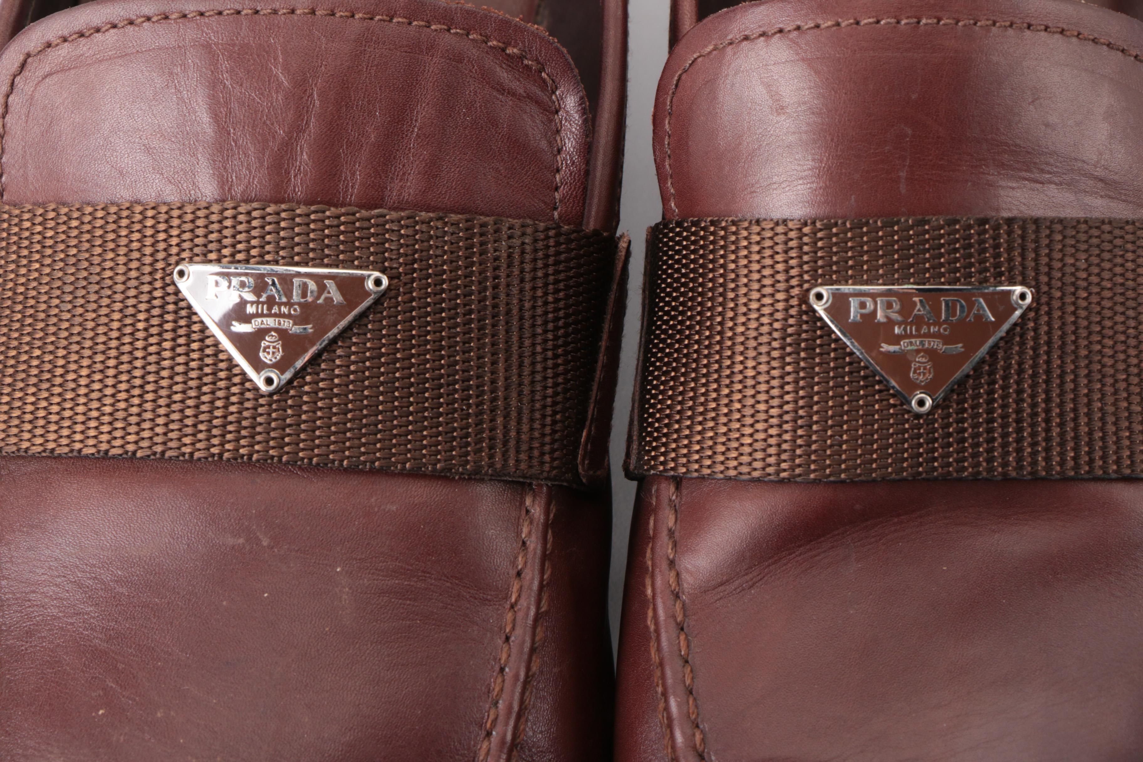 Men's Prada Loafers Square Apron Toe Triangular Logo in Brown Leather with Box