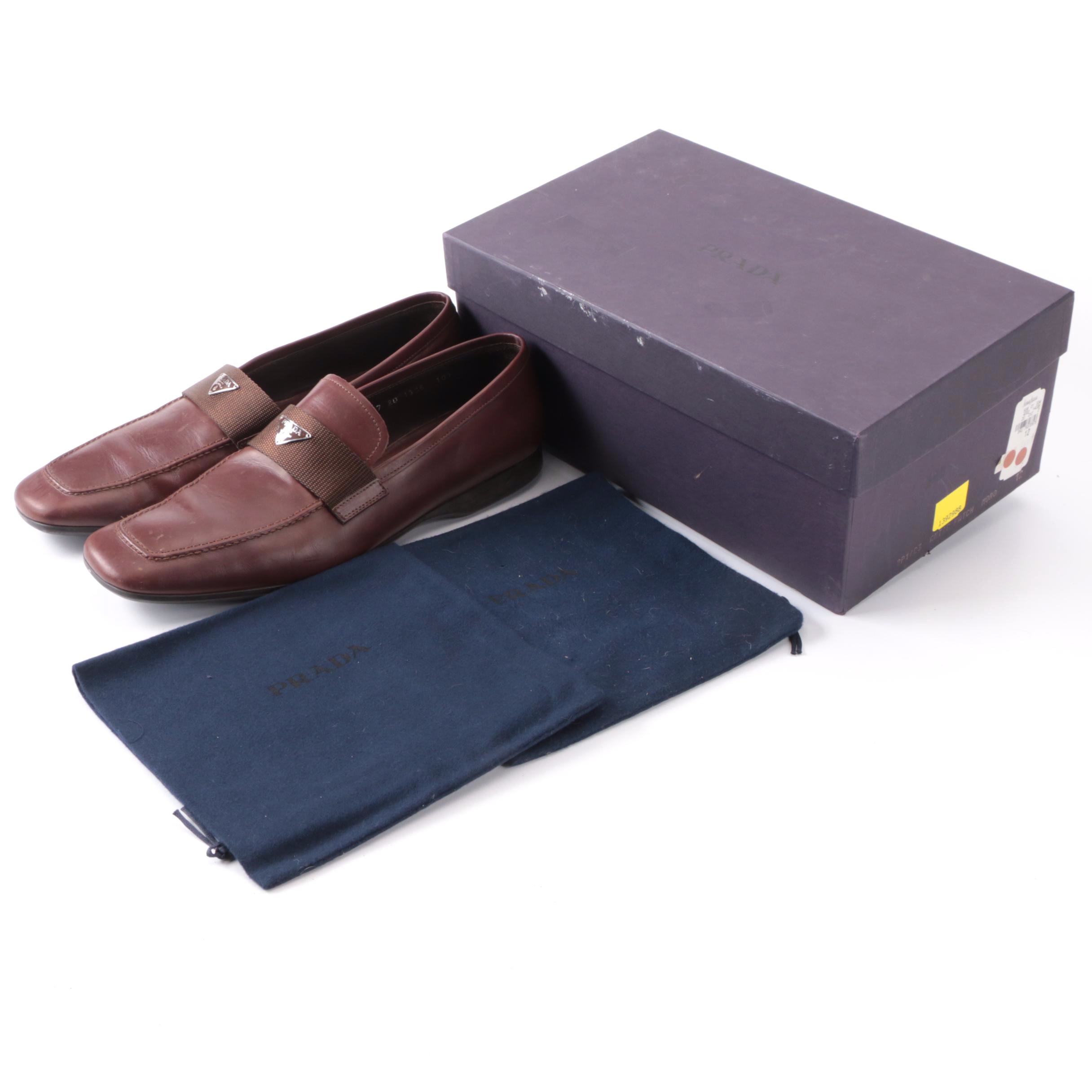 Men's Prada Loafers Square Apron Toe Triangular Logo in Brown Leather with Box