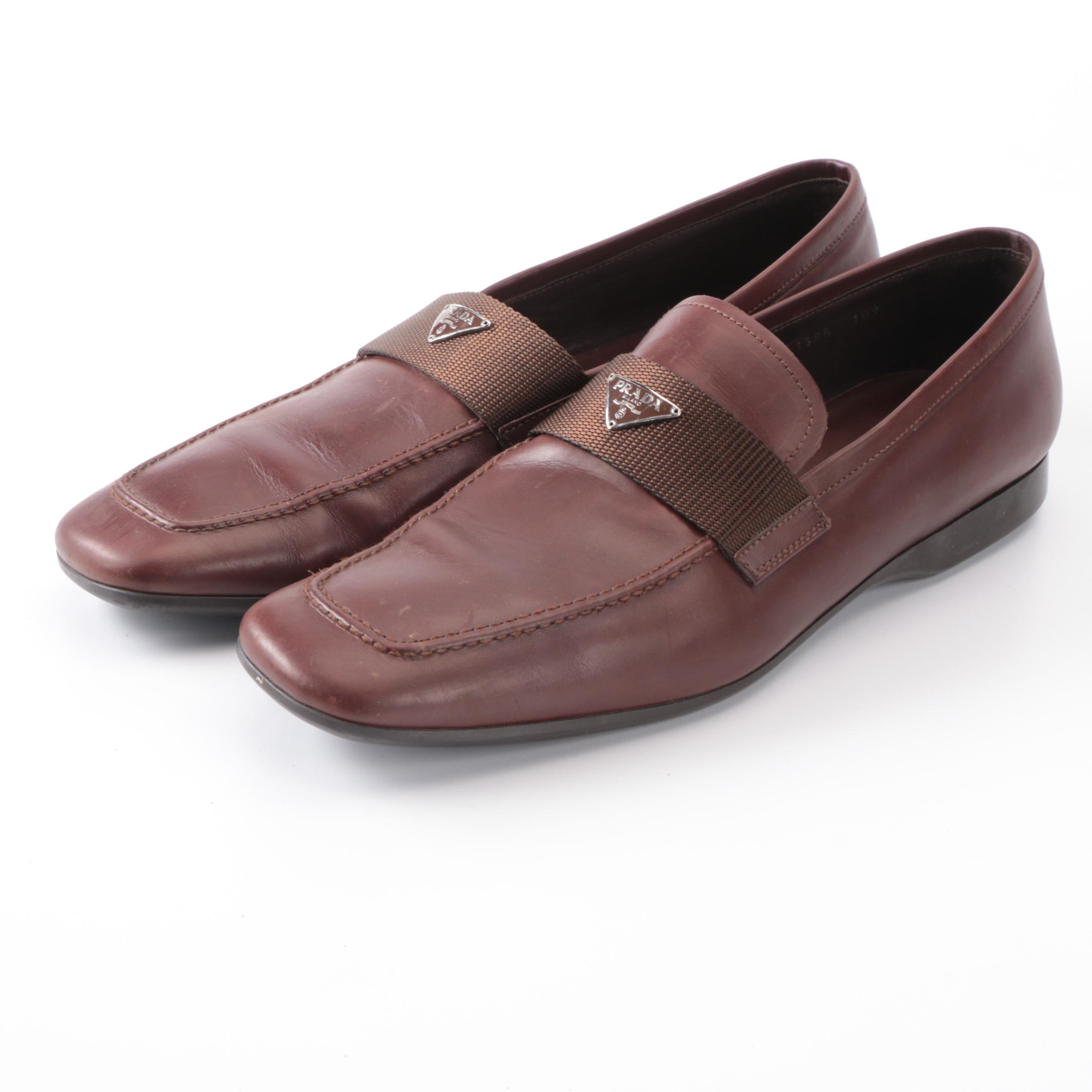 Men's Prada Loafers Square Apron Toe Triangular Logo in Brown Leather with Box