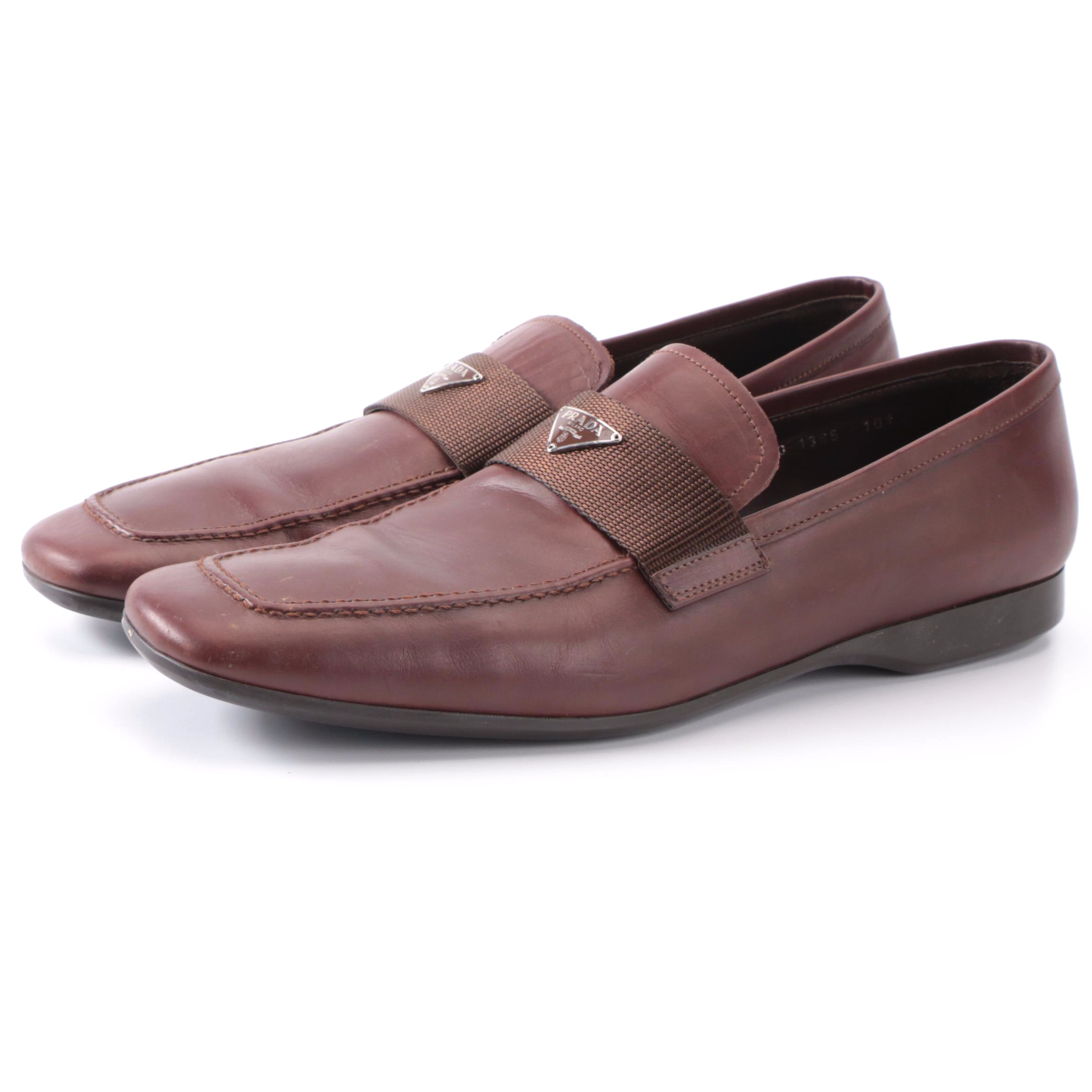 Men's Prada Loafers Square Apron Toe Triangular Logo in Brown Leather with Box