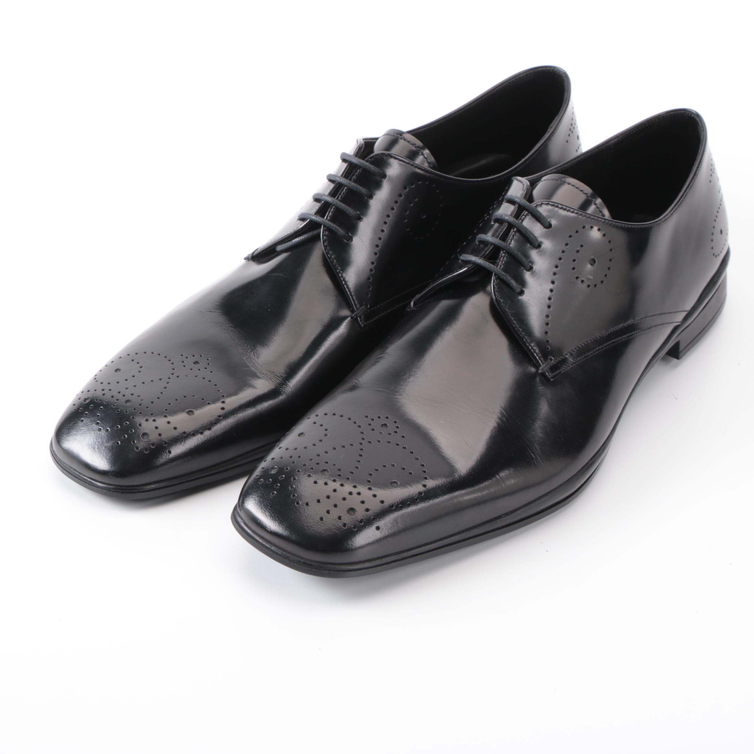 Prada Derbys in Perforated Black Spazzalato Leather with Rubber Soles