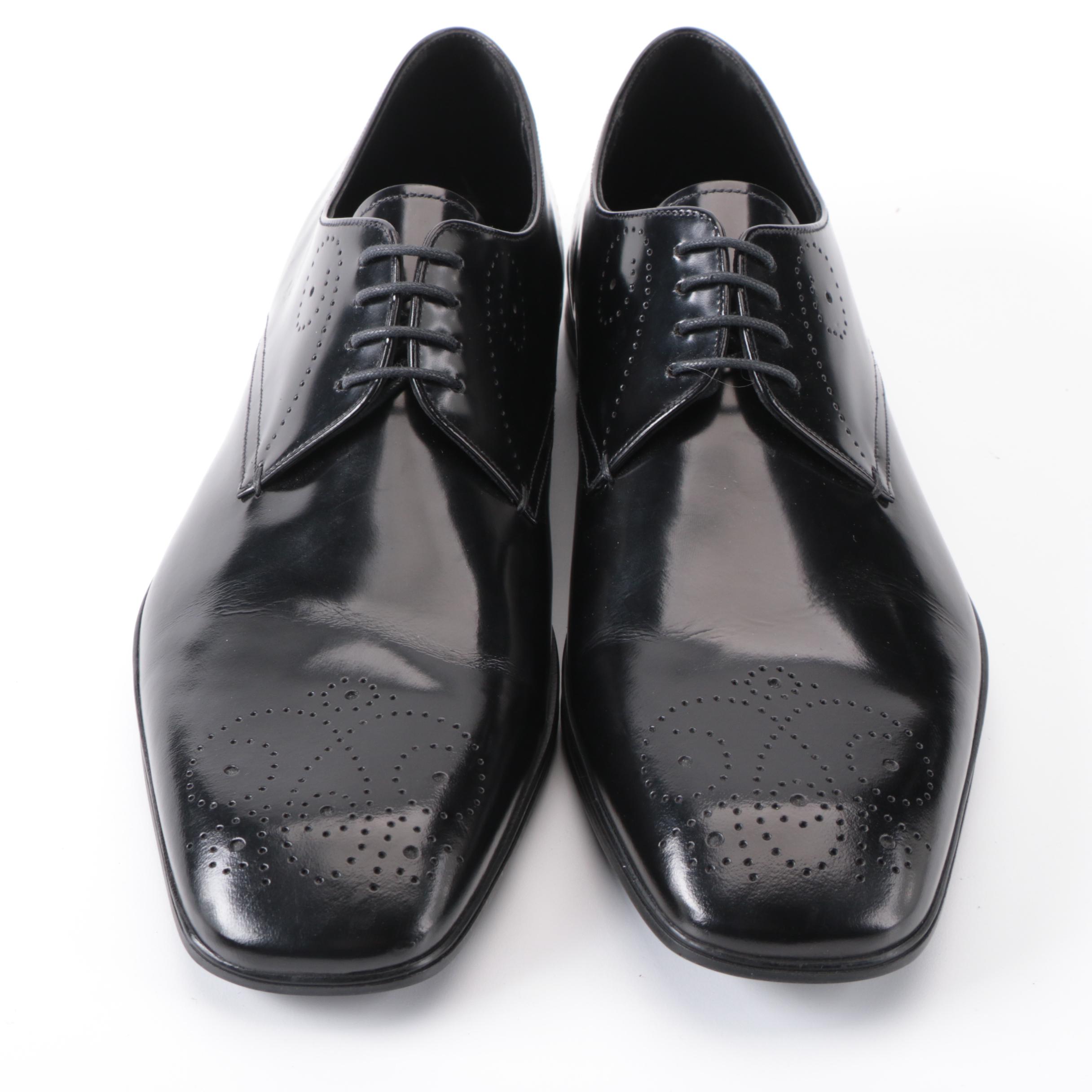 Prada Derbys in Perforated Black Spazzalato Leather with Rubber Soles