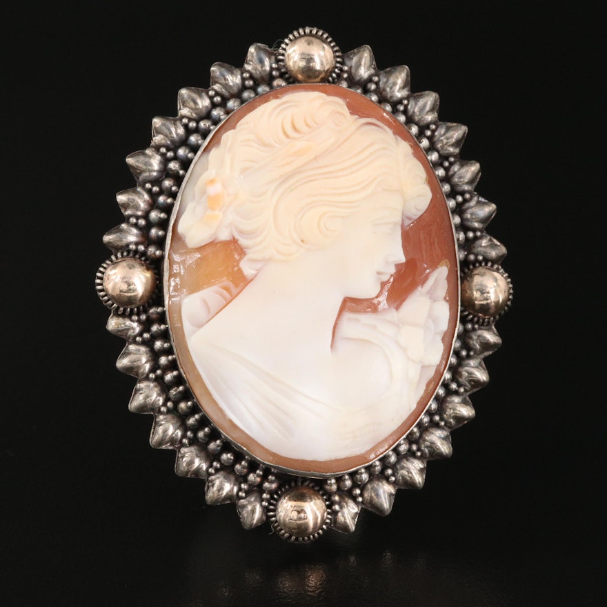 Vintage Sterling Silver Carved Shell Cameo Brooch