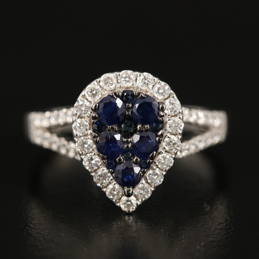 14K Gold Pear Faceted Sapphire Ring with Diamond Halo